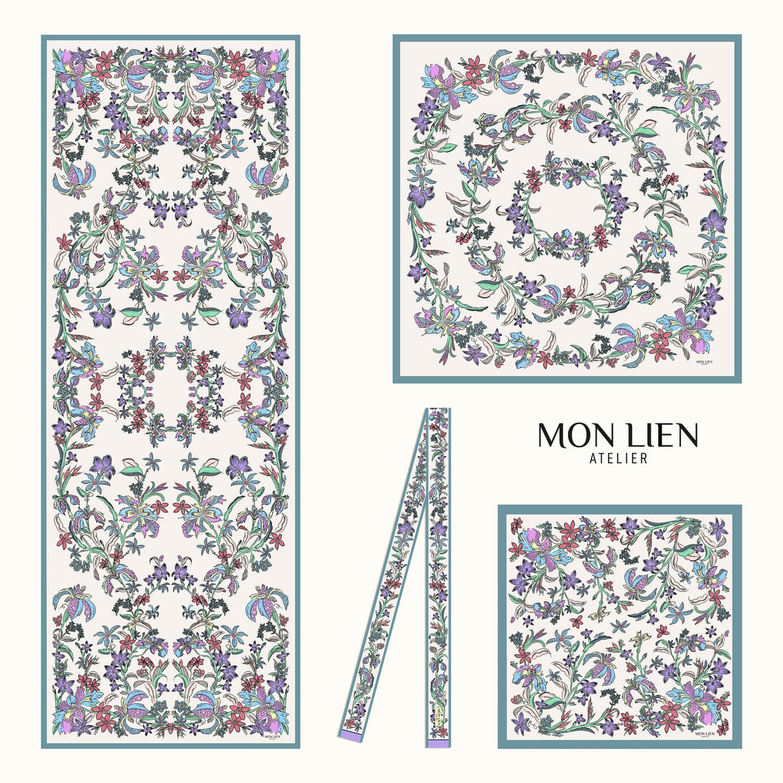 vari formati di accessori in seta in tema floreale firmati mon lien