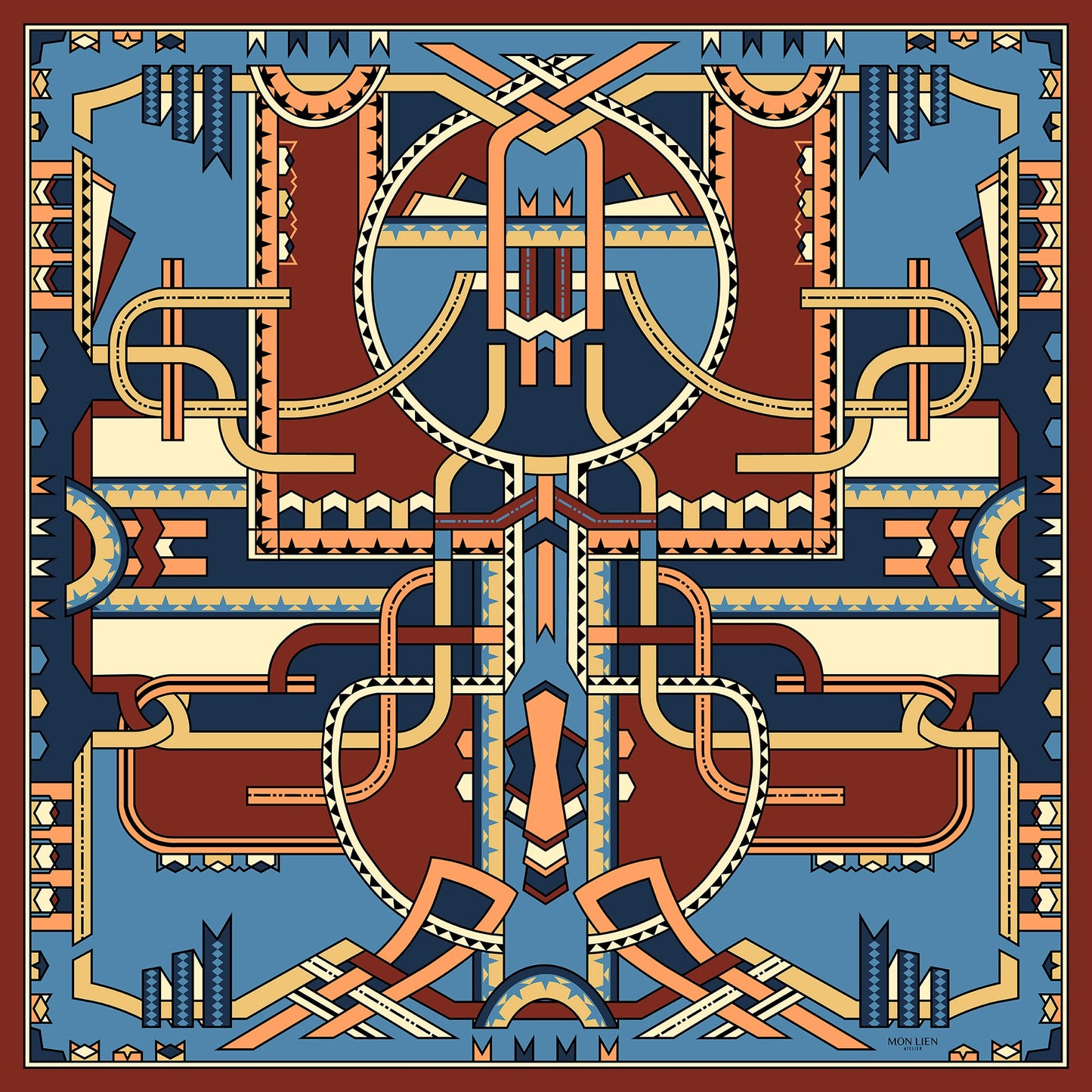 Foulard carré in seta | I nastri danzanti | blu e terracotta