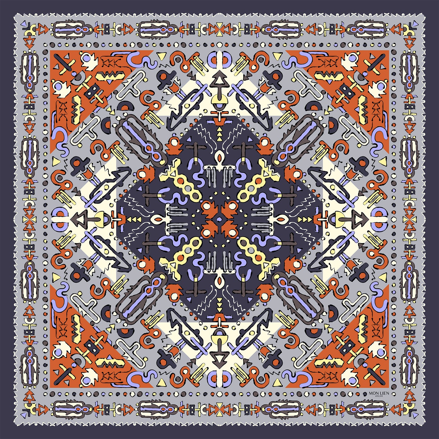 foulard formato quadrato con motivi totem di colore arancione e grigio