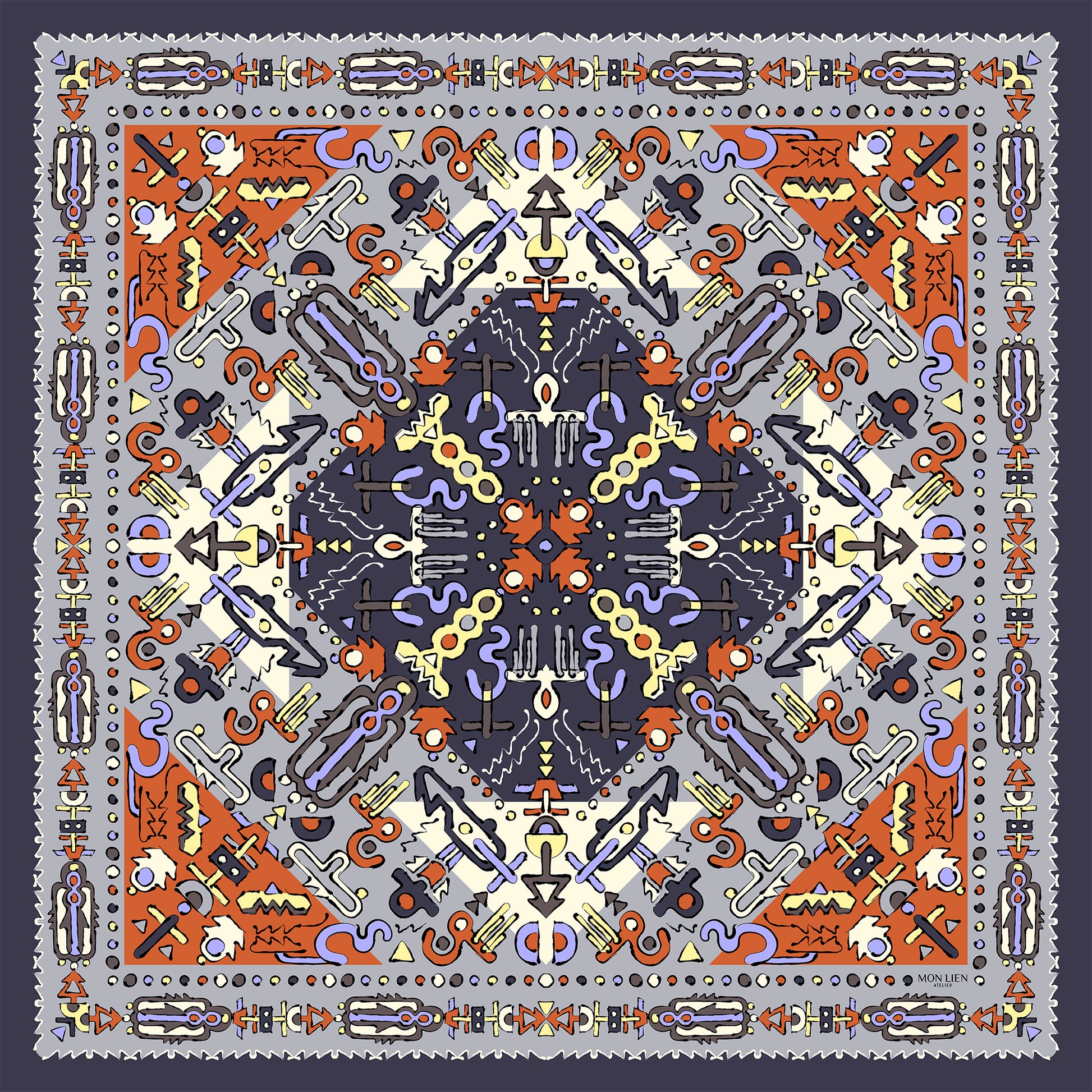 foulard formato quadrato con motivi totem di colore arancione e grigio