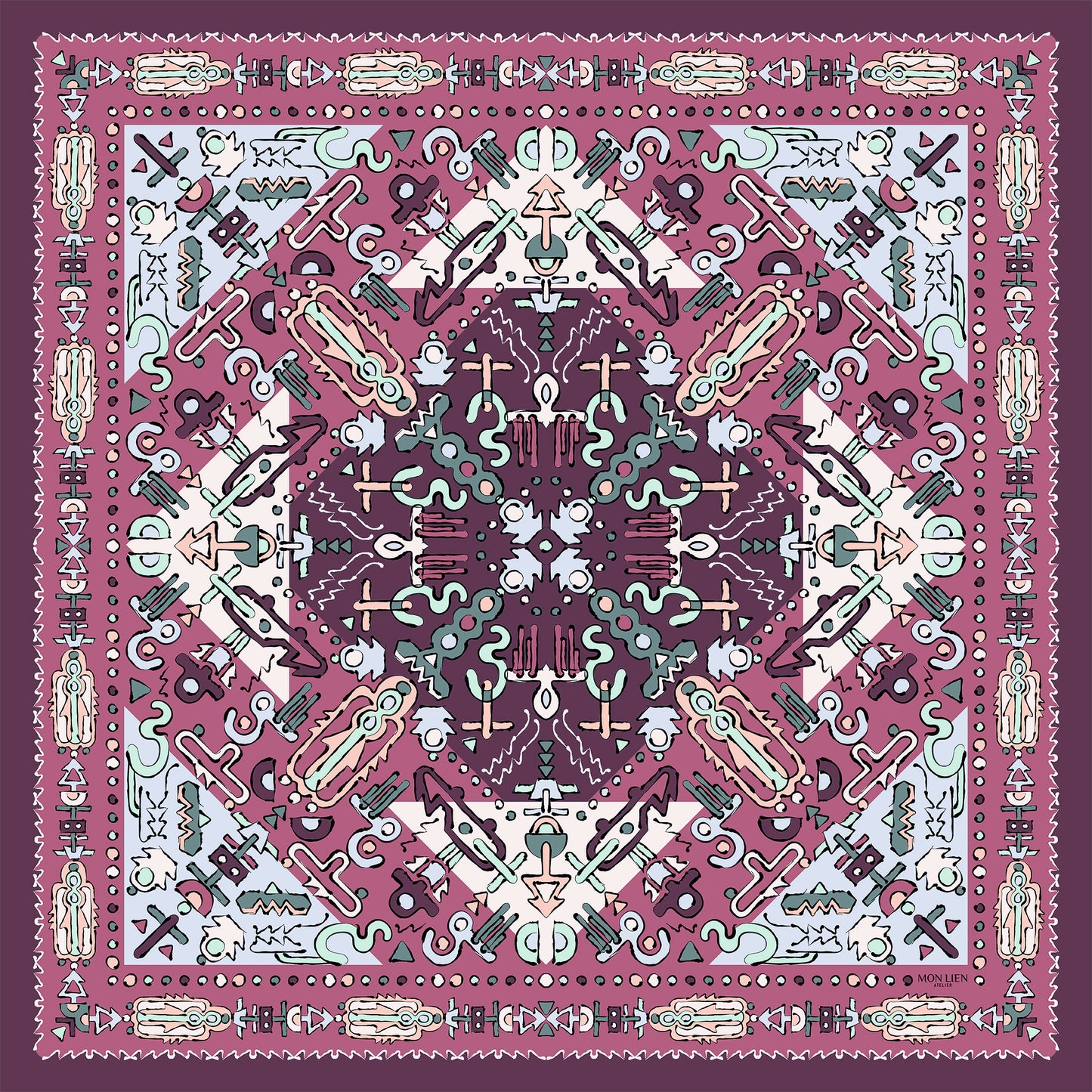foulard carre dimensione 90x90 con fantasie grafiche di totem colori rosa e azzurro