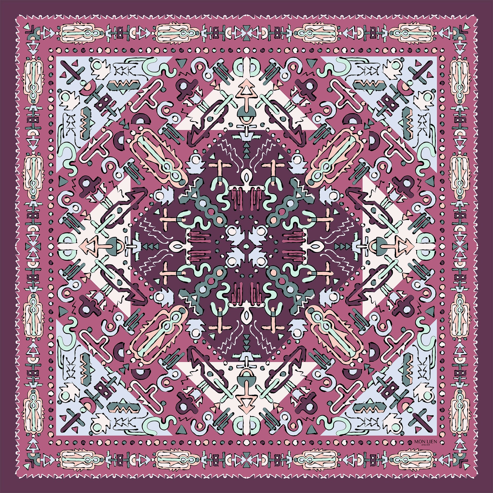 foulard carre dimensione 90x90 con fantasie grafiche di totem colori rosa e azzurro