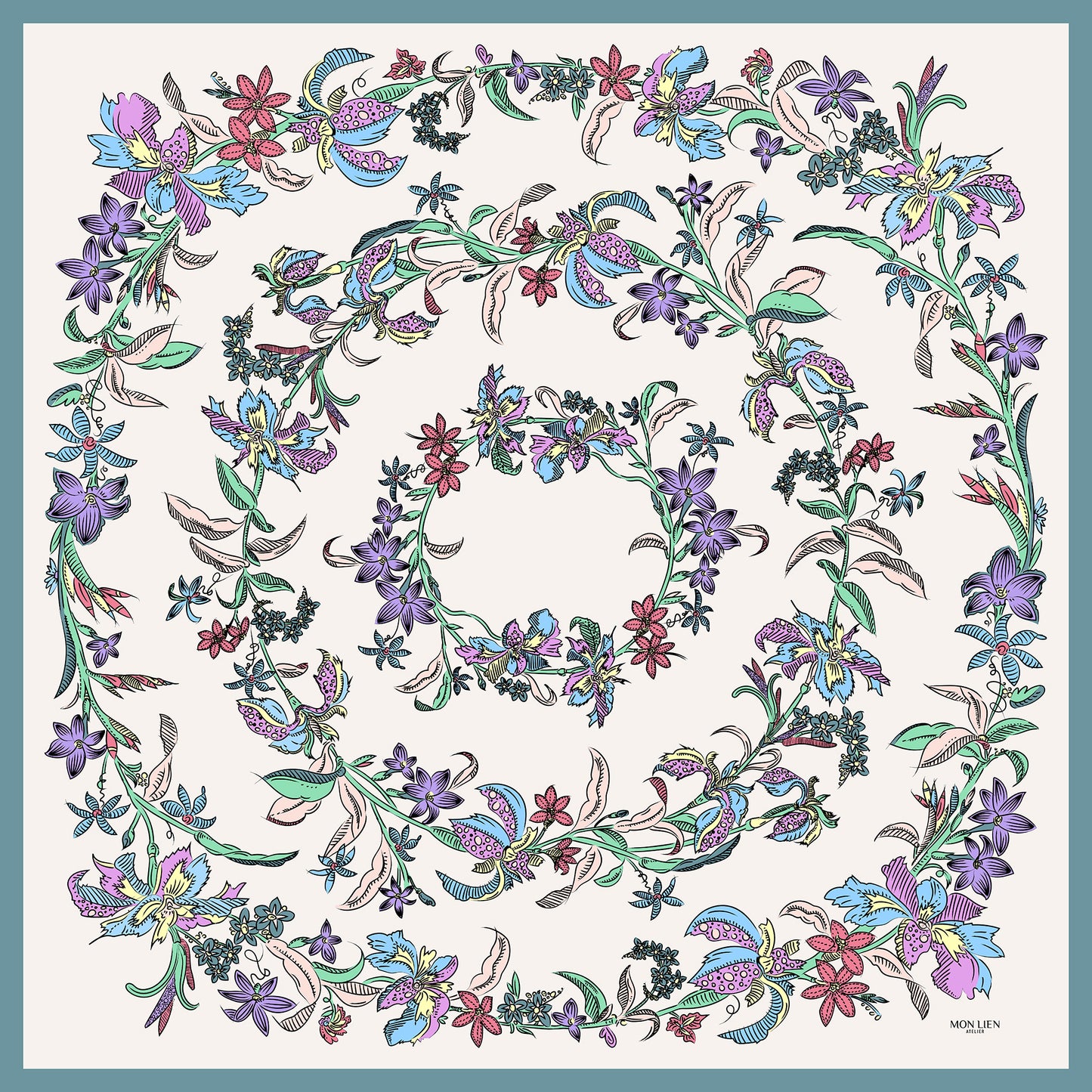 foulard di seta quadrato avorio con stampa di ghirlanda di fiori multicolore disegnati in corone