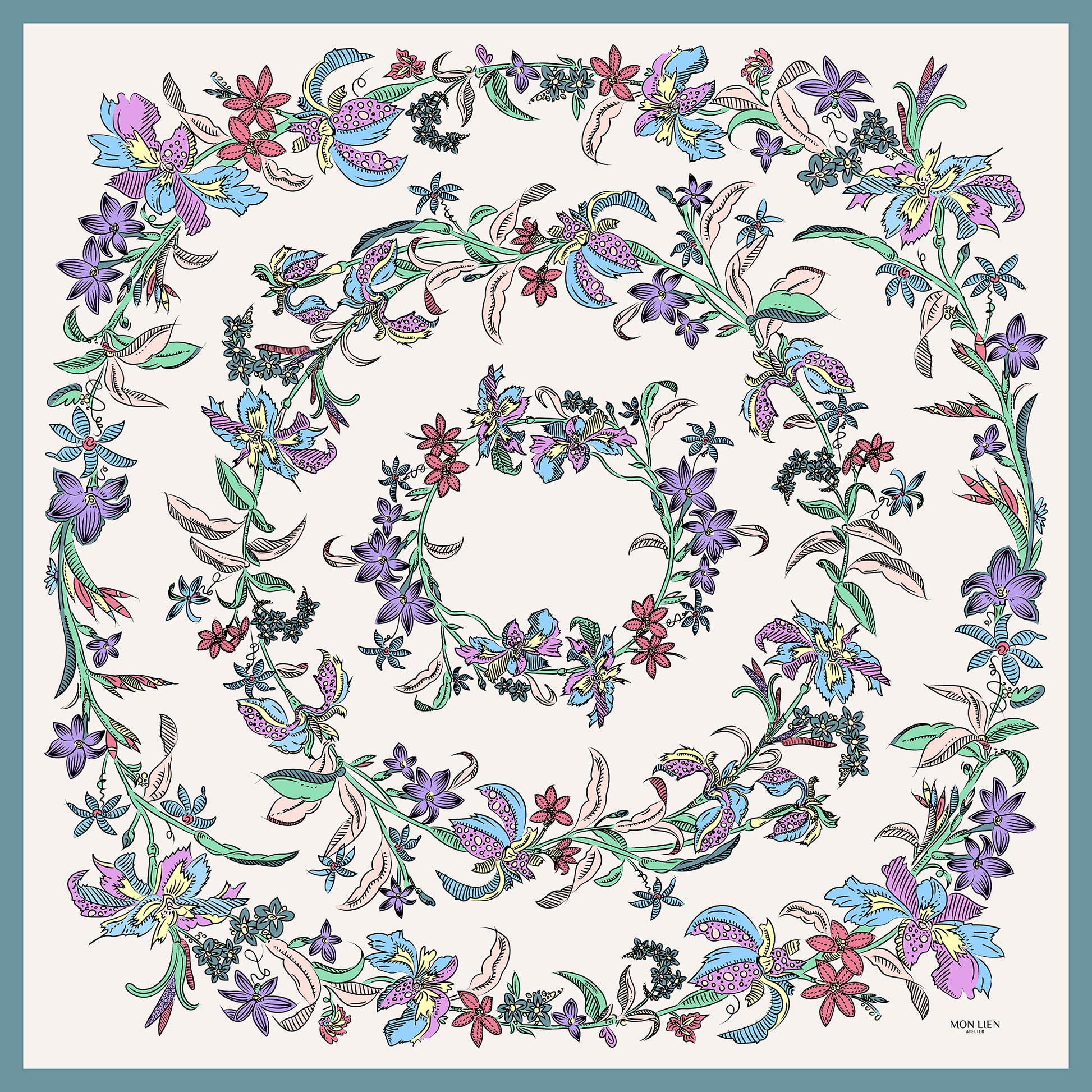 foulard di seta quadrato avorio con stampa di ghirlanda di fiori multicolore disegnati in corone