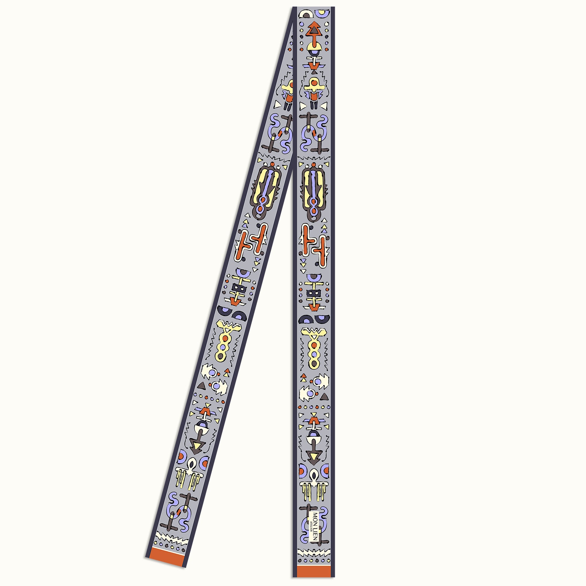 cintura in seta con motivi stampati di colore arancione e grigio giallo viola e bianco