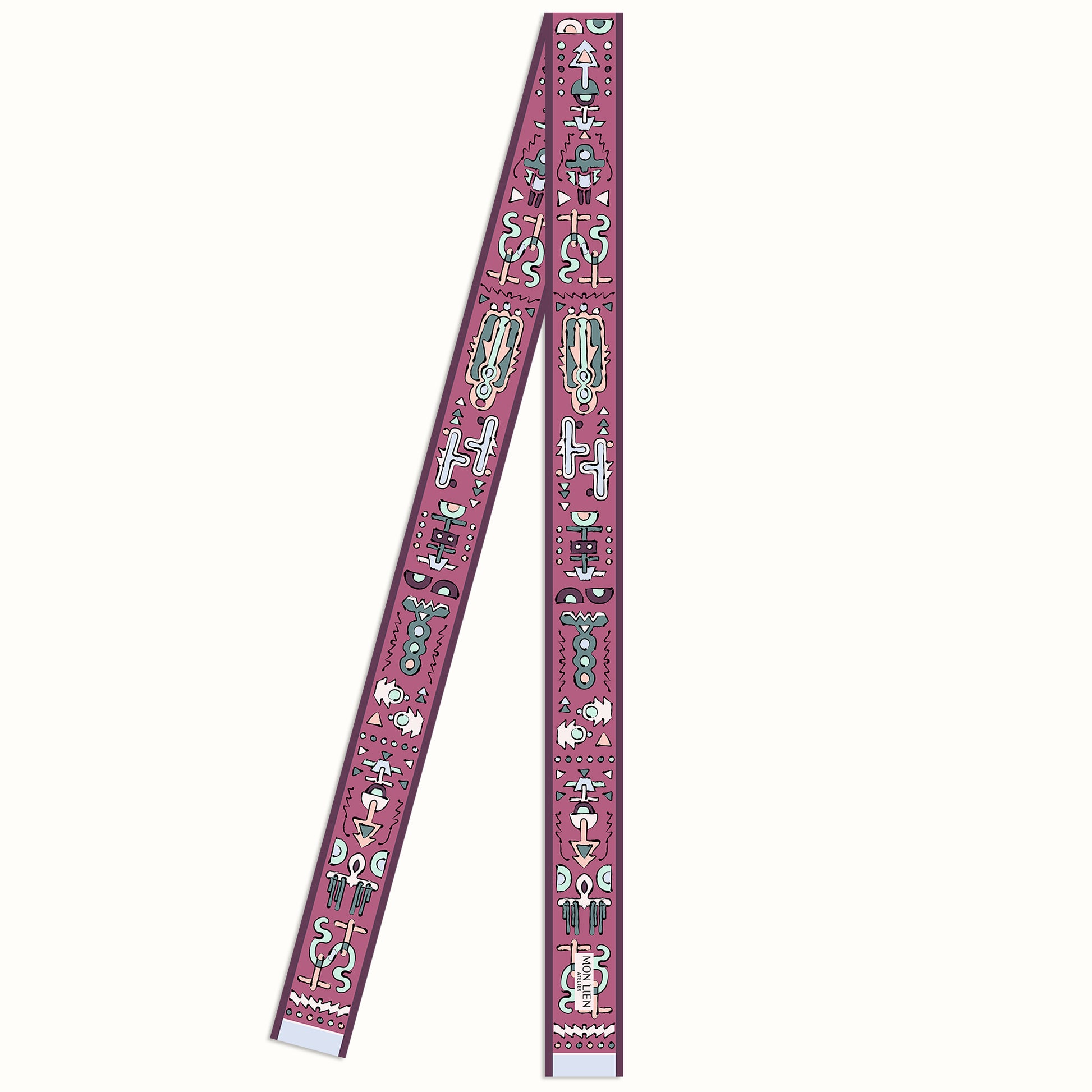 nastro di seta stampato con grafica di elementi totem rosa e azzurro