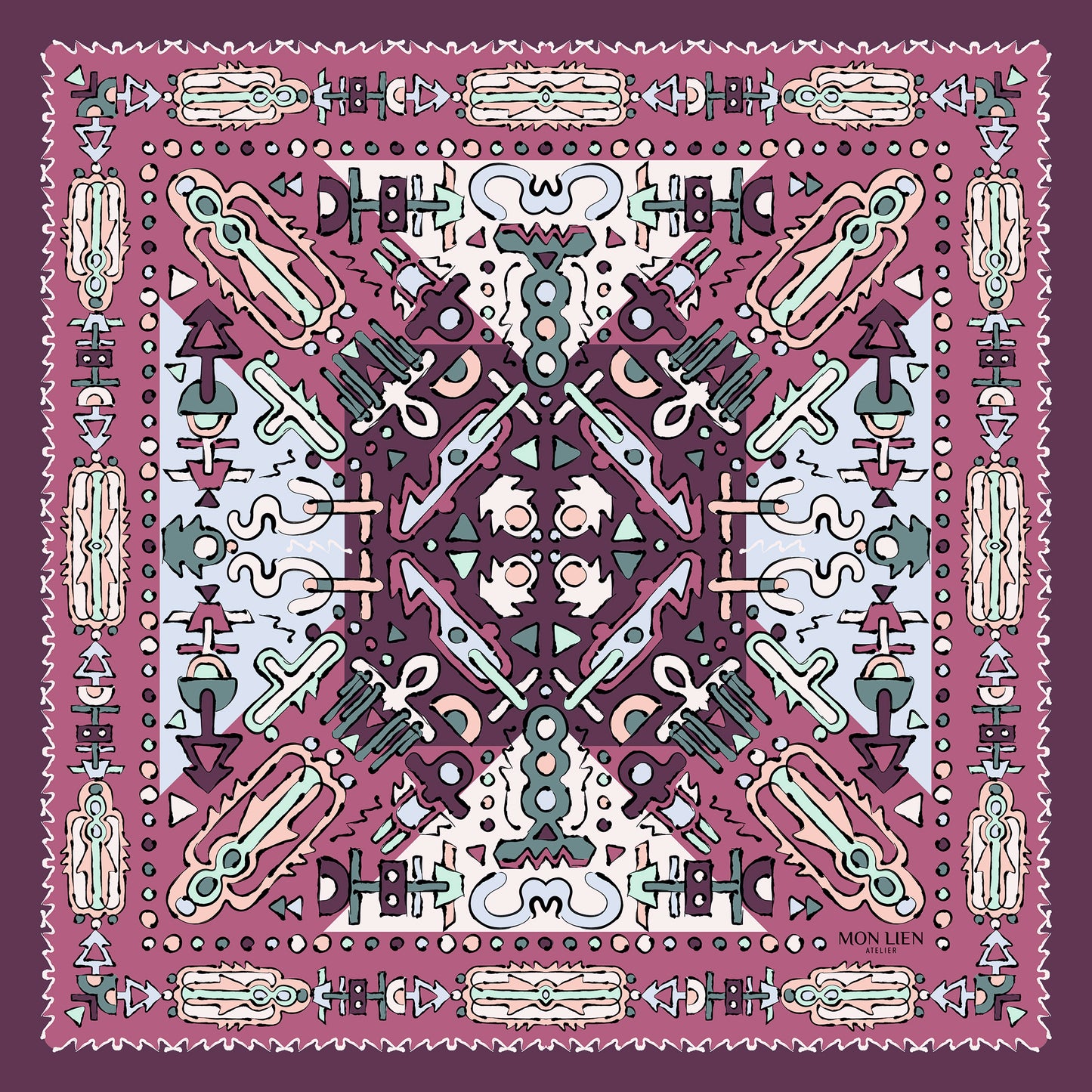 fazzoletto da taschino con disegno di elementi totem rosa e azzurro