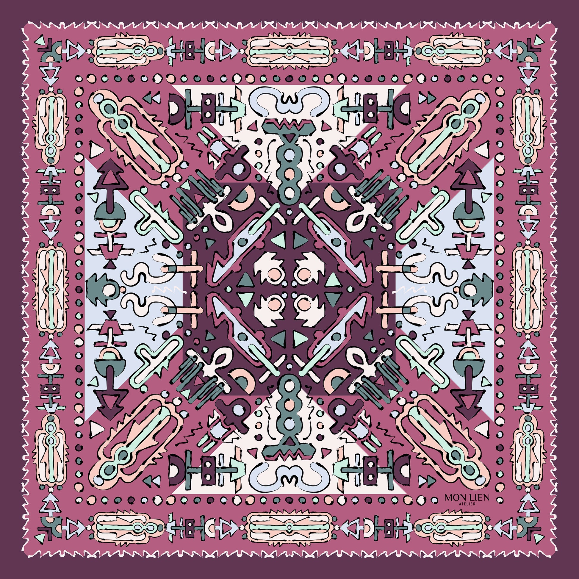 fazzoletto da taschino con disegno di elementi totem rosa e azzurro