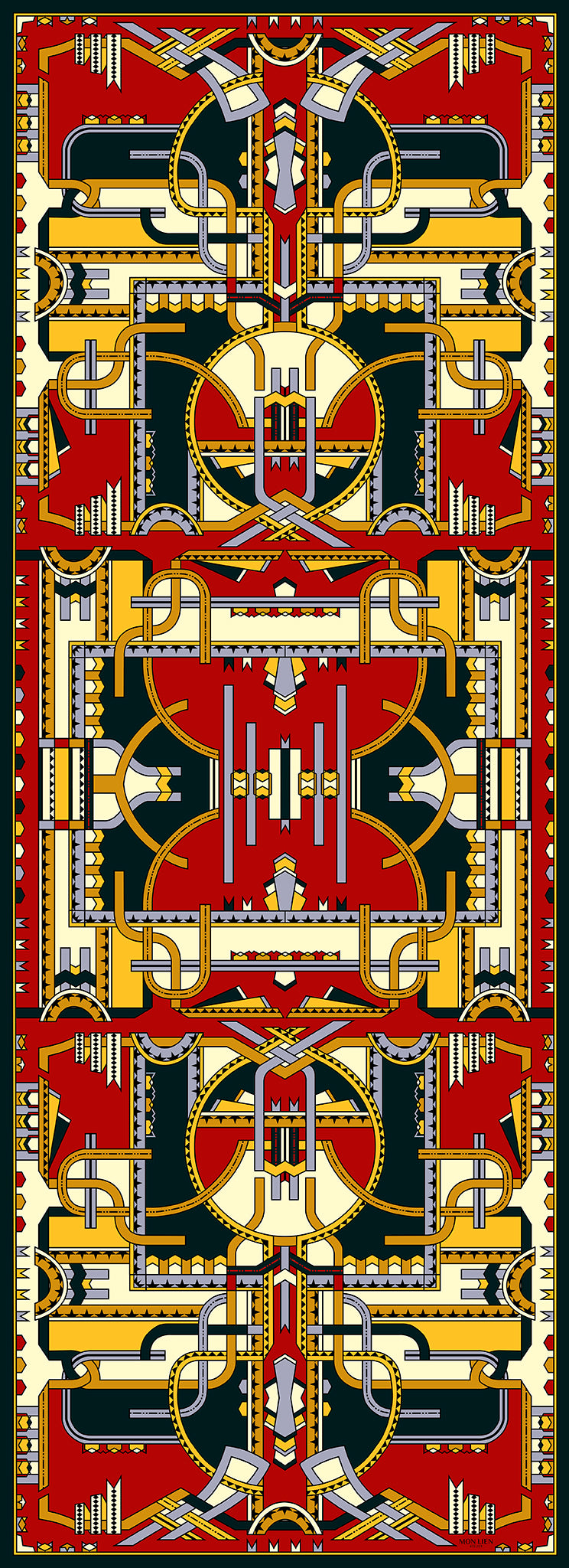 stola lunga rettangolare vista intera con disegno nastri intrecciati colore rosso e oro