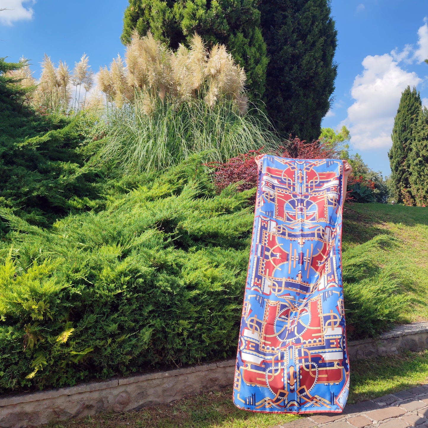 Silk stole | The dancing ribbons | blue and terracotta