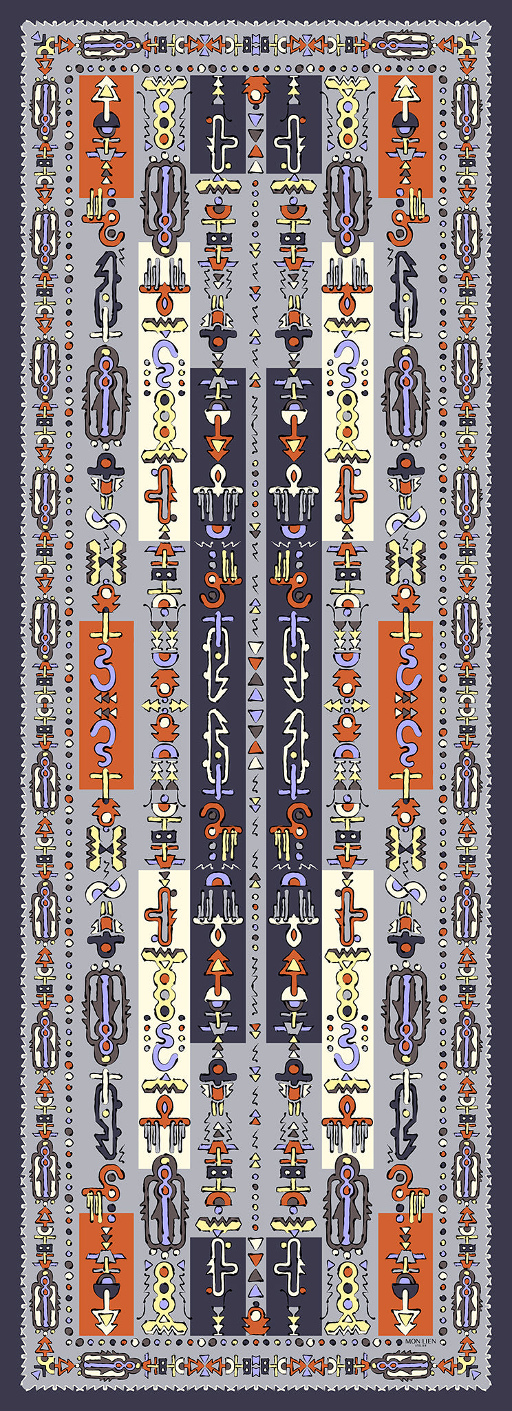 stola in seta con motivi disposti in una composizione verticale con colori aracione e grigio