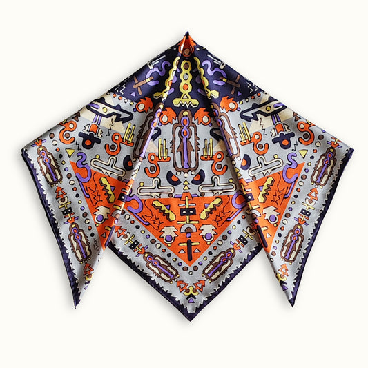 Foulard carré in seta | Il totem | grigio e arancione