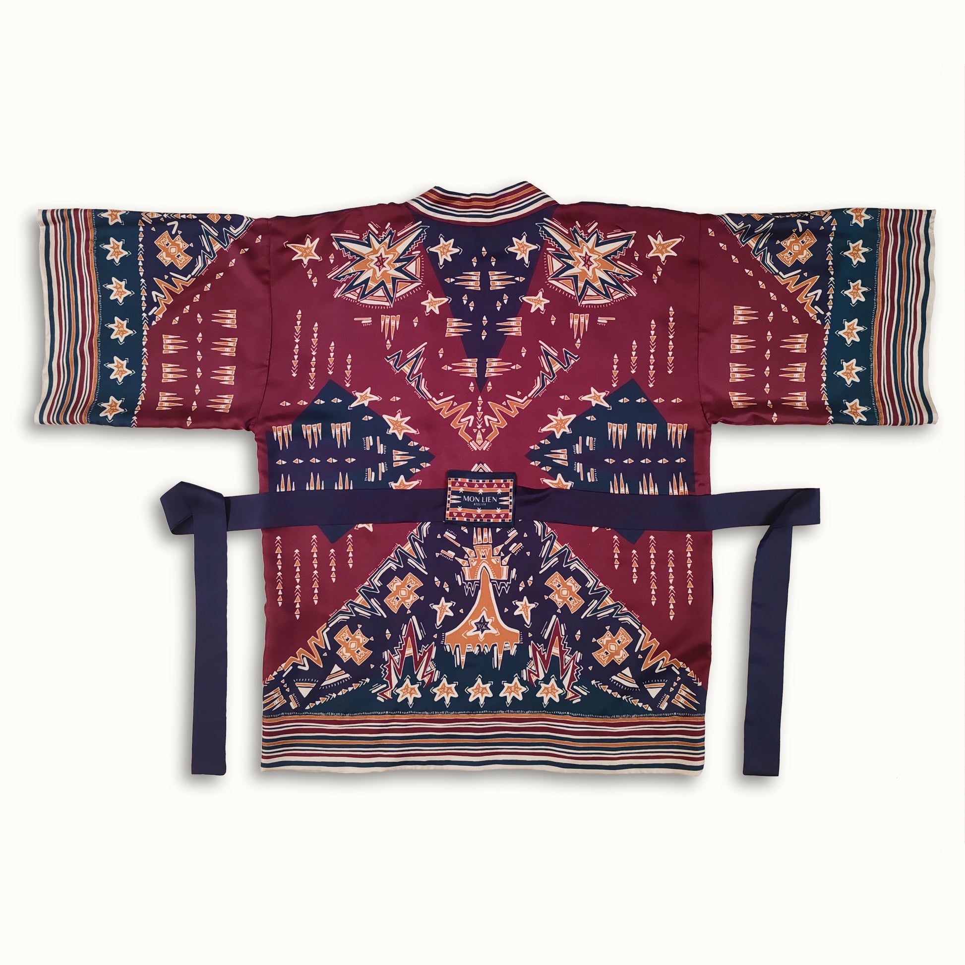 kimono vista retro aperto bordeaux blu con disegni stelle