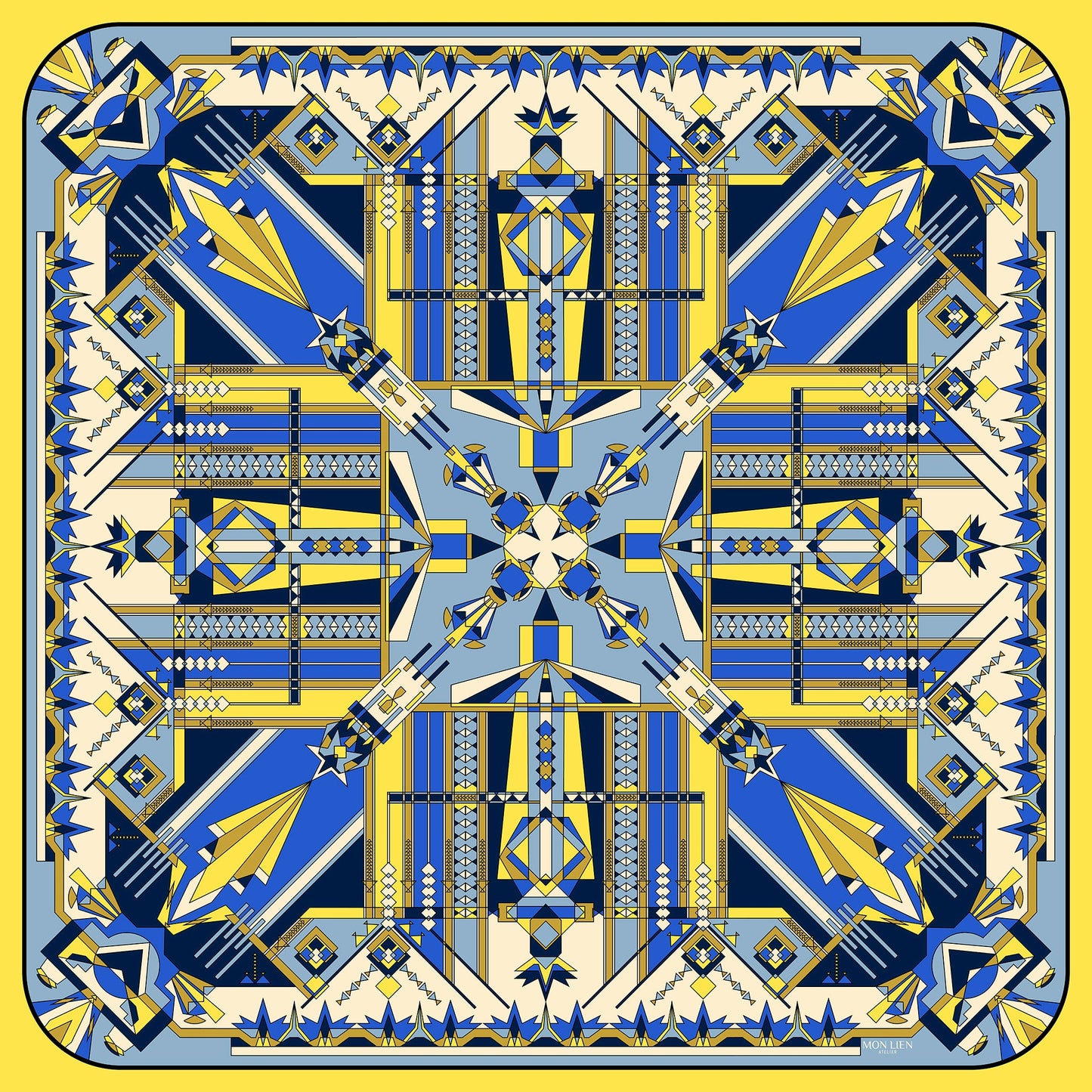 foulard carré aperto vista intera con misterioso disegno dalle linee geometriche tinte giallo avorio blu
