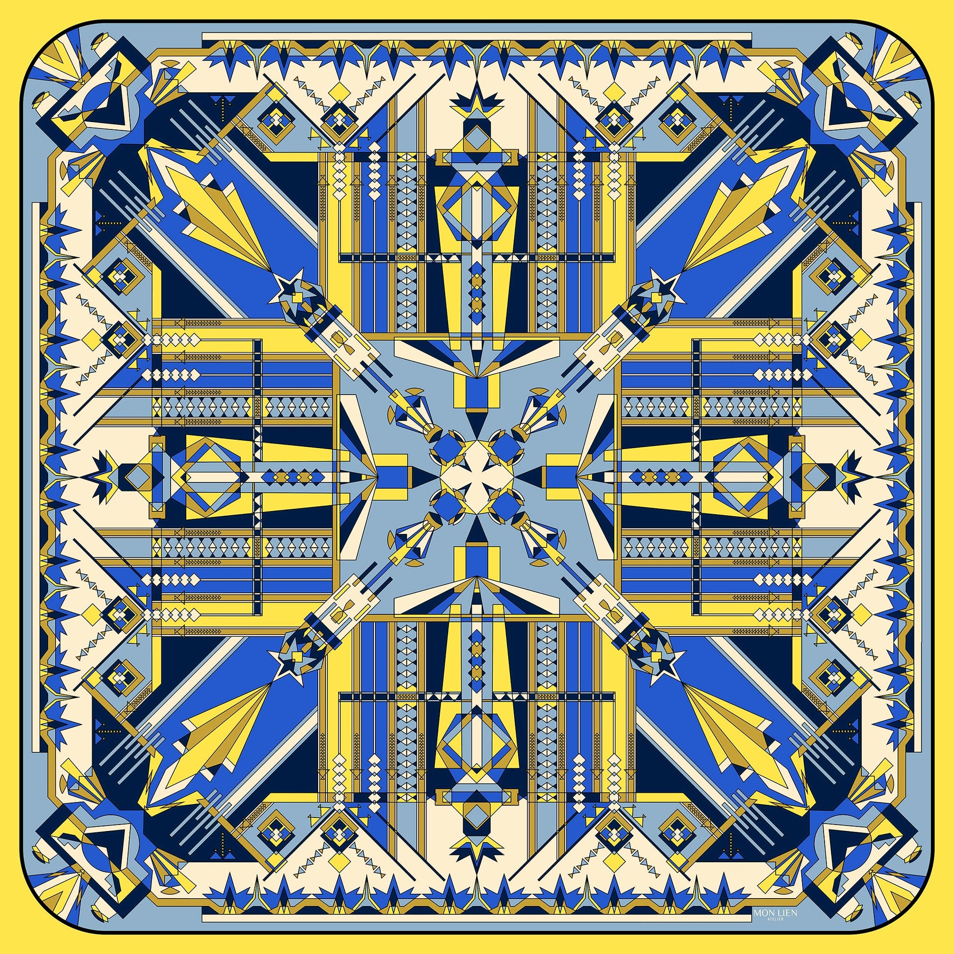 foulard carré aperto vista intera con misterioso disegno dalle linee geometriche tinte giallo avorio blu
