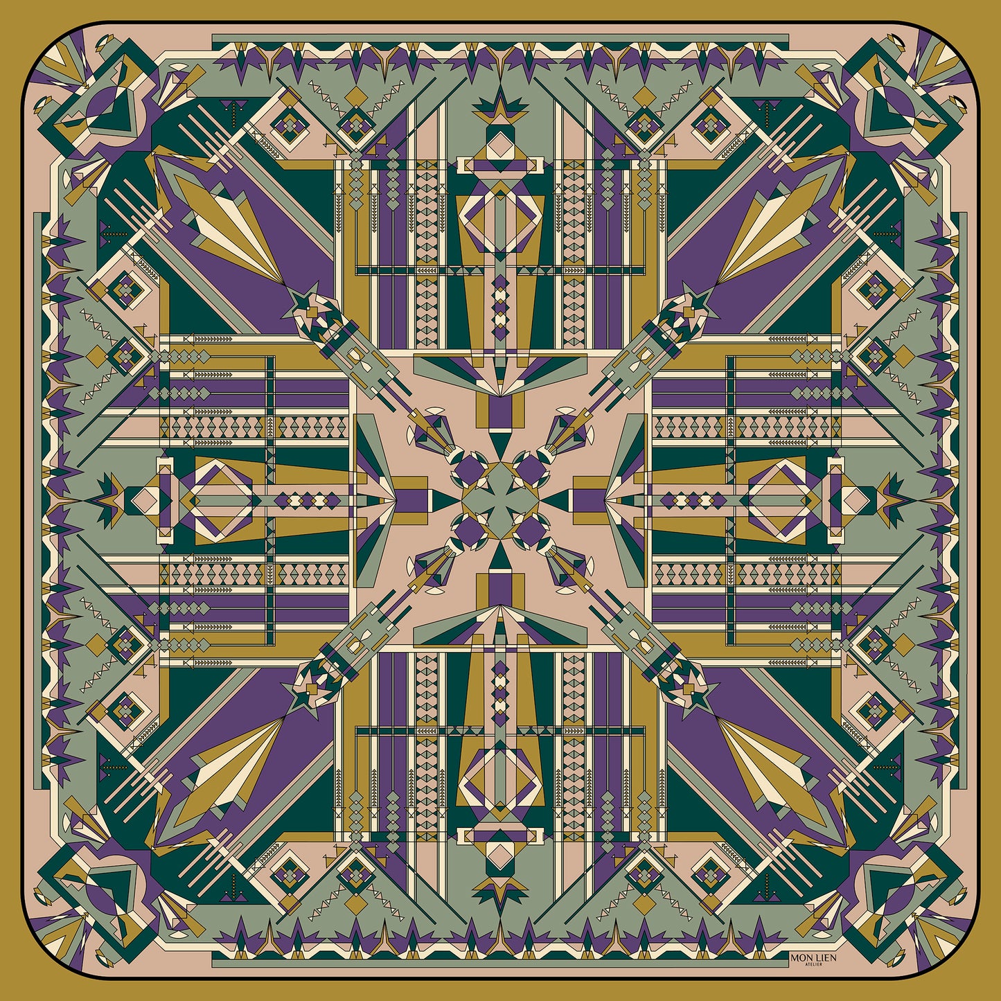 vista in piano accessorio donna senza tempo con intero disegno geometrico in variante giallo viola verde rosa antico avorio
