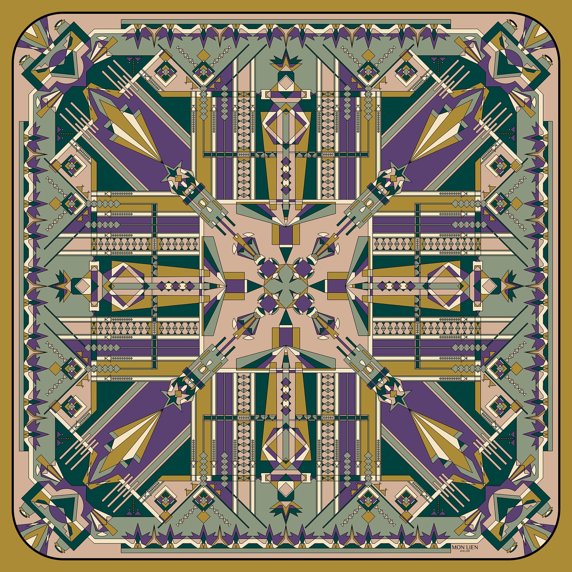 vista in piano accessorio donna senza tempo con intero disegno geometrico in variante giallo viola verde rosa antico avorio