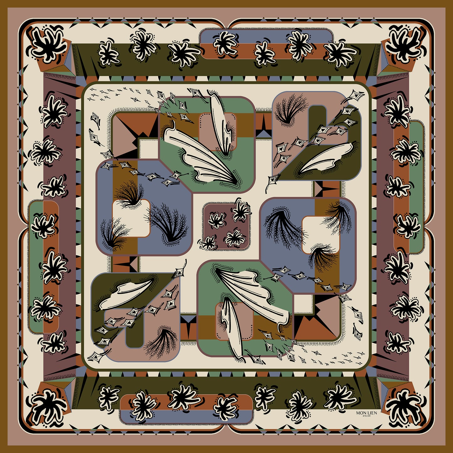 foulard dimensione versatile aperto in seta con stampa fiori, ali, geometrie di colore terra, avorio, verde, azzurro e nero