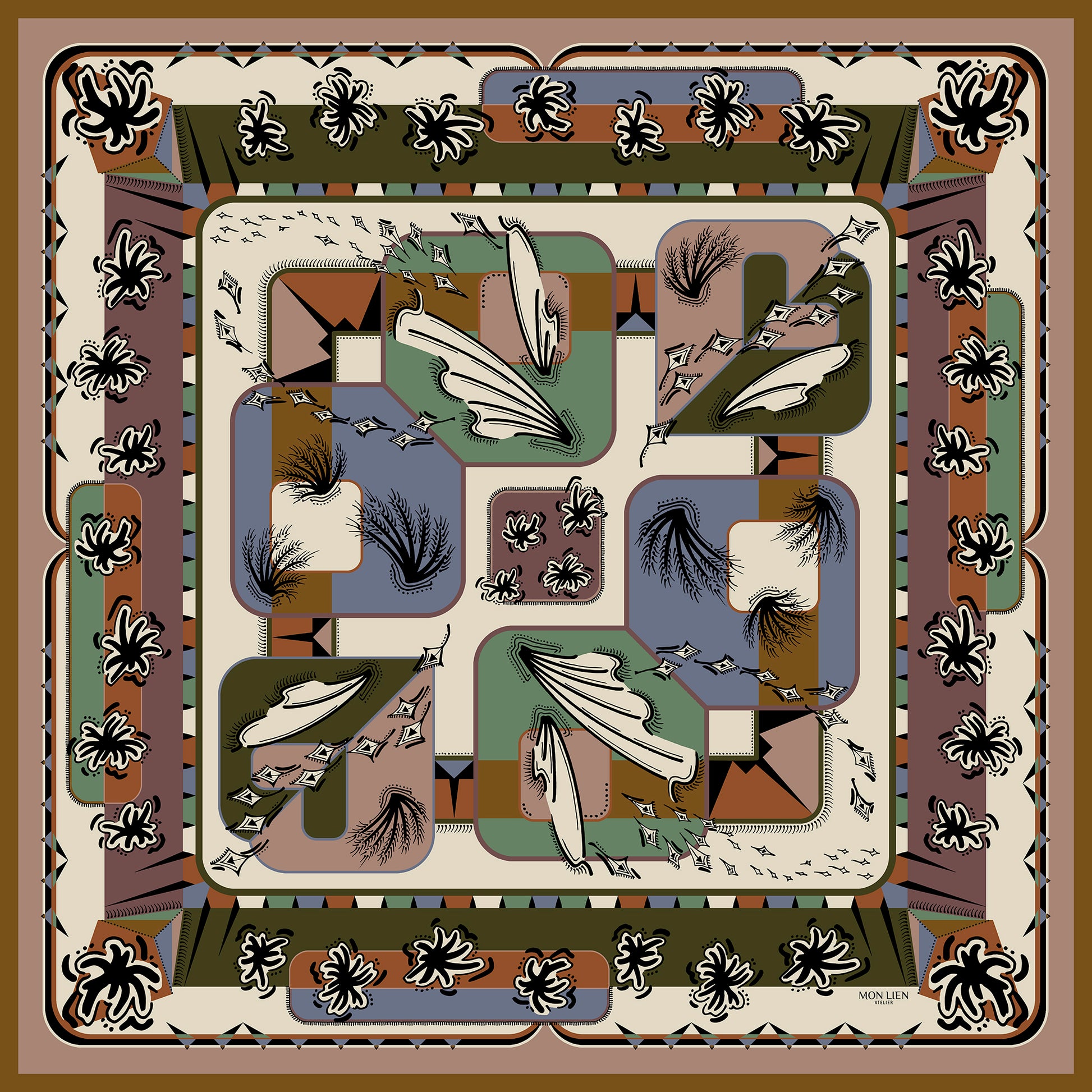 foulard dimensione versatile aperto in seta con stampa fiori, ali, geometrie di colore terra, avorio, verde, azzurro e nero