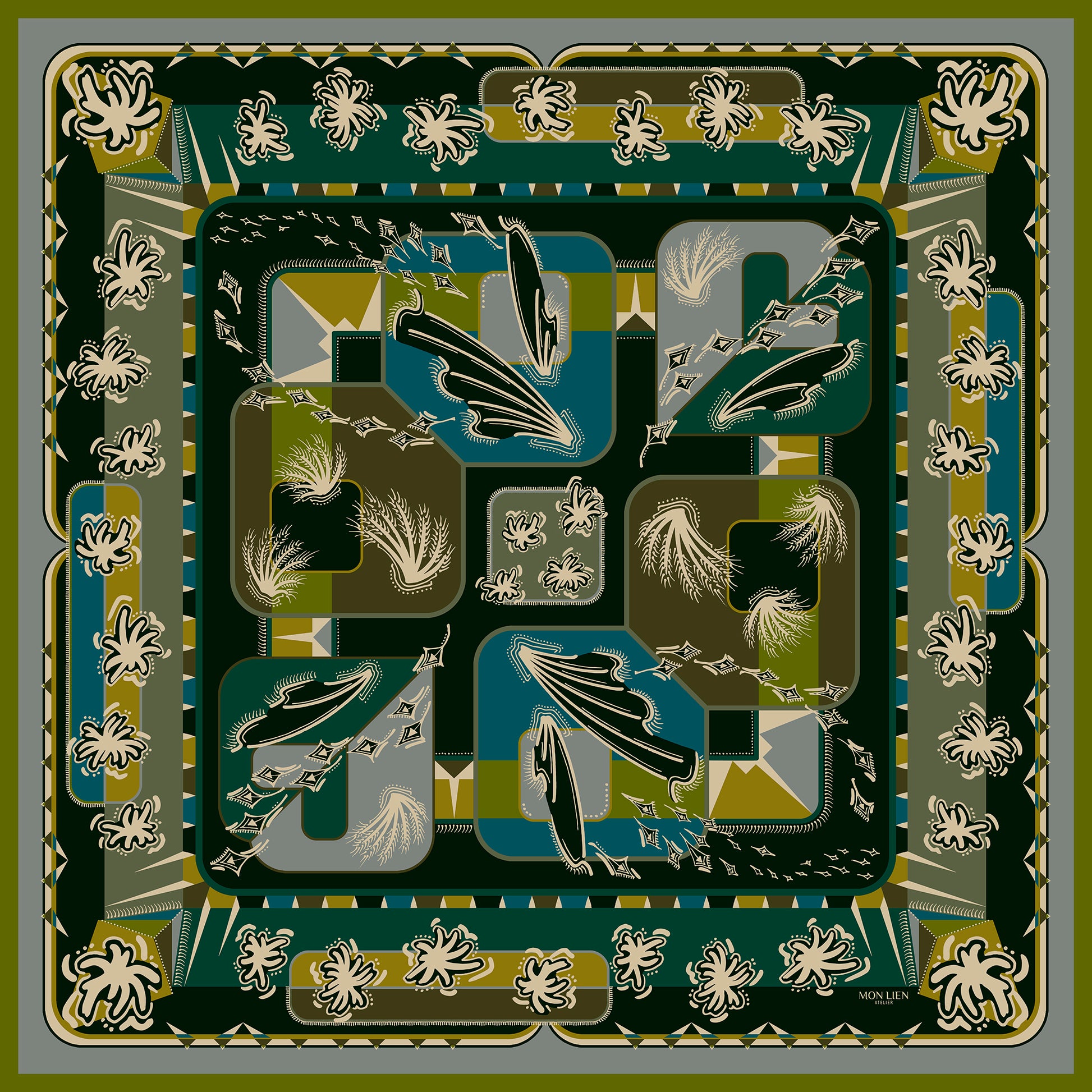 foulard carré in twill di seta vista intera con stampa fiori, ali, geometrie di colore terra, avorio, verde, ocra, ottanio