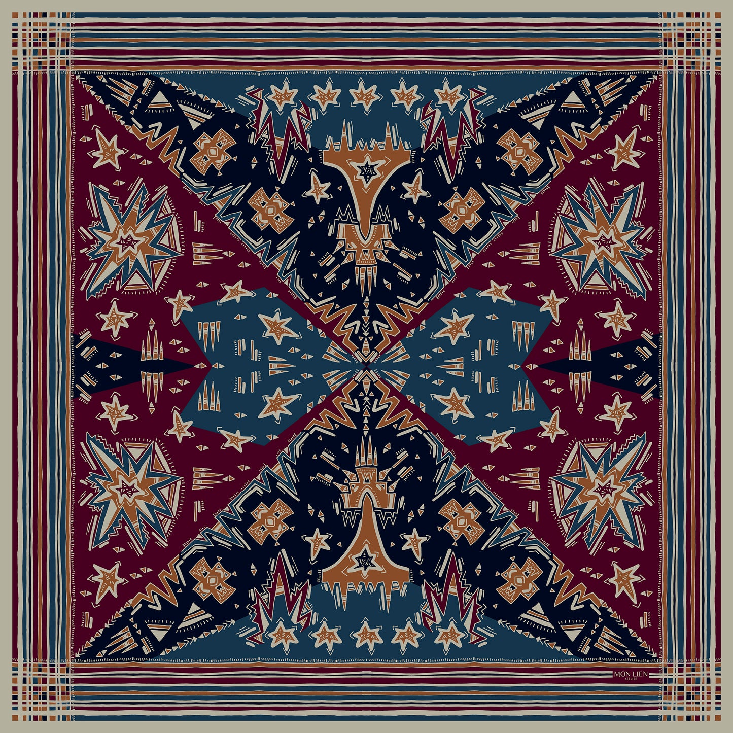 foulard chic quadrato in seta vista intera con motivi in composizione e bordo a righe palette bordeaux e blu