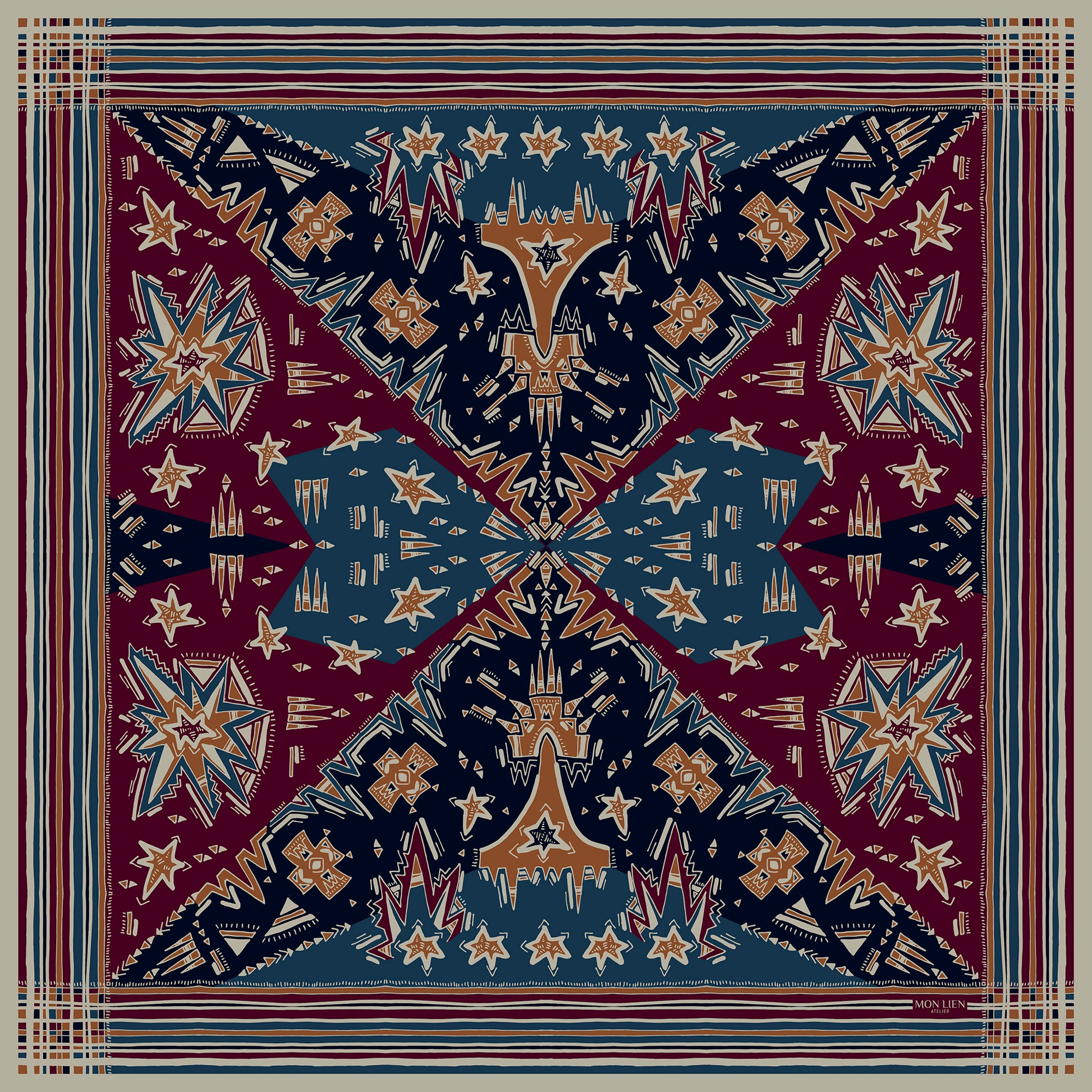 foulard chic quadrato in seta vista intera con motivi in composizione e bordo a righe palette bordeaux e blu