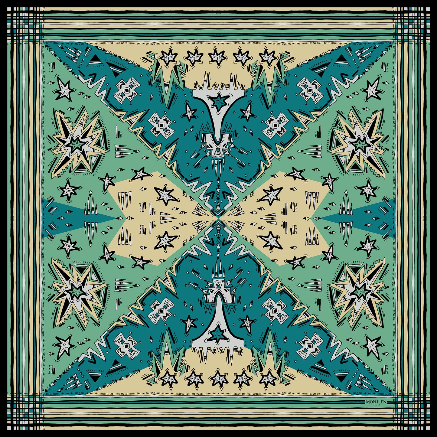 foulard carré in seta vista intera con disegno grafico di stelle e motivi con bordo a righe colore turchese ottanio avorio beige
