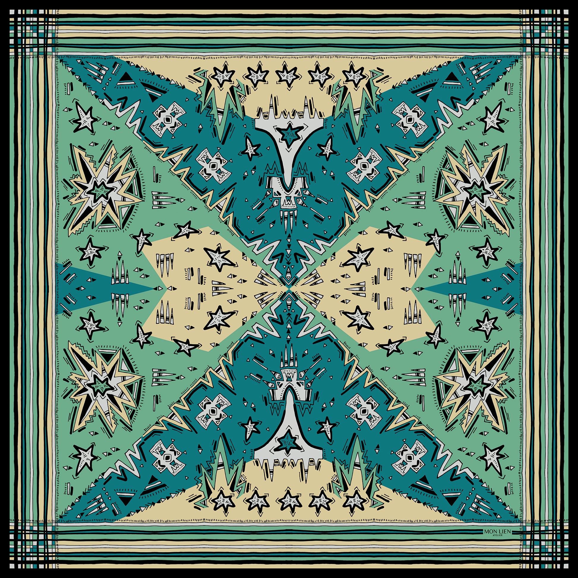 foulard carré in seta vista intera con disegno grafico di stelle e motivi con bordo a righe colore turchese ottanio avorio beige