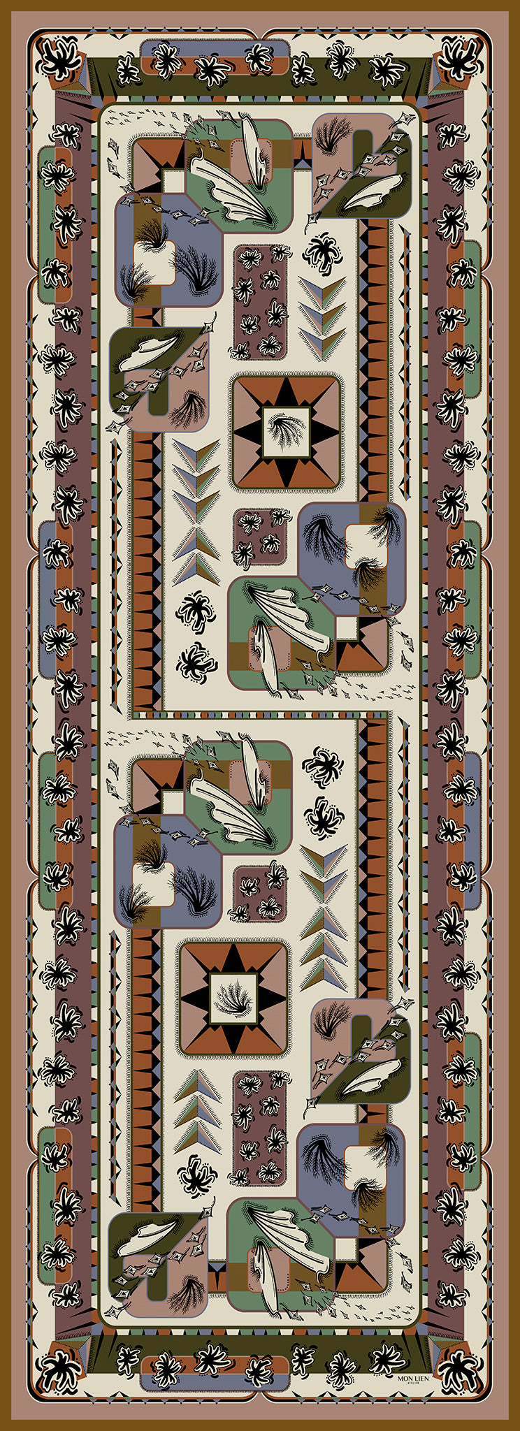 lunga stola vista intera con composizione creativa di elementi dalle tonalità chiare