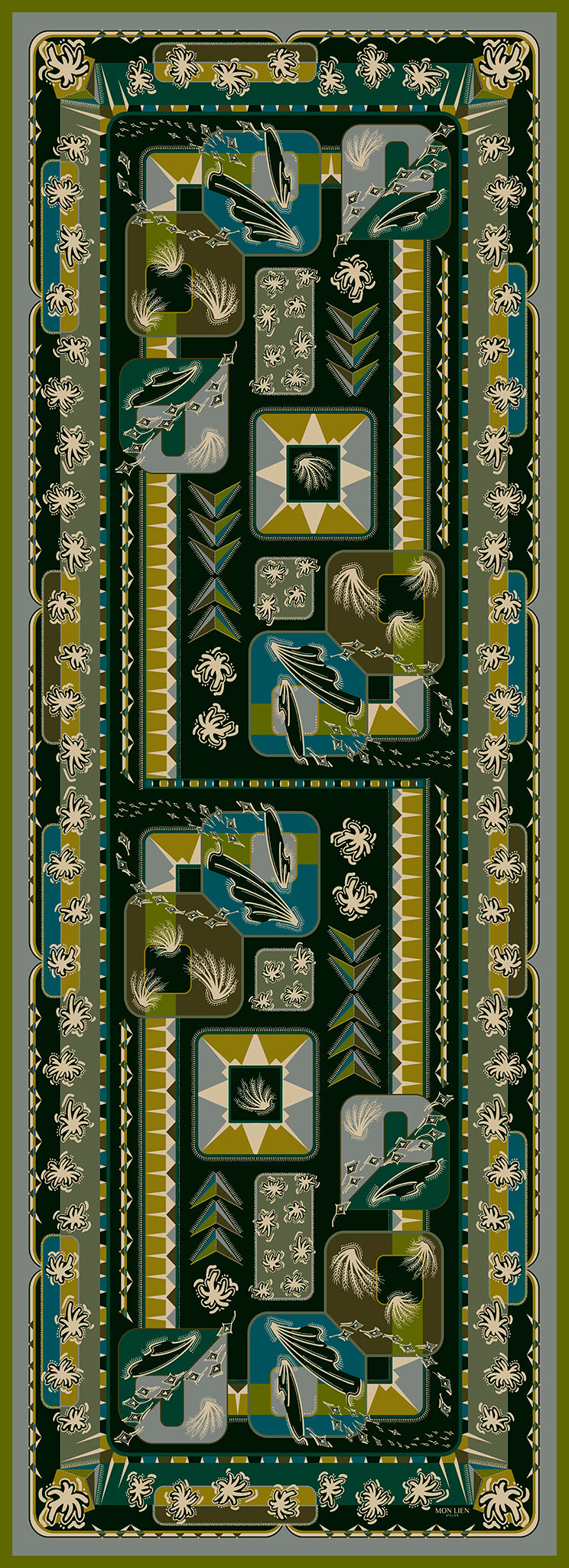 lungo foulard in seta dalle tinte verdi con disegno illustrato