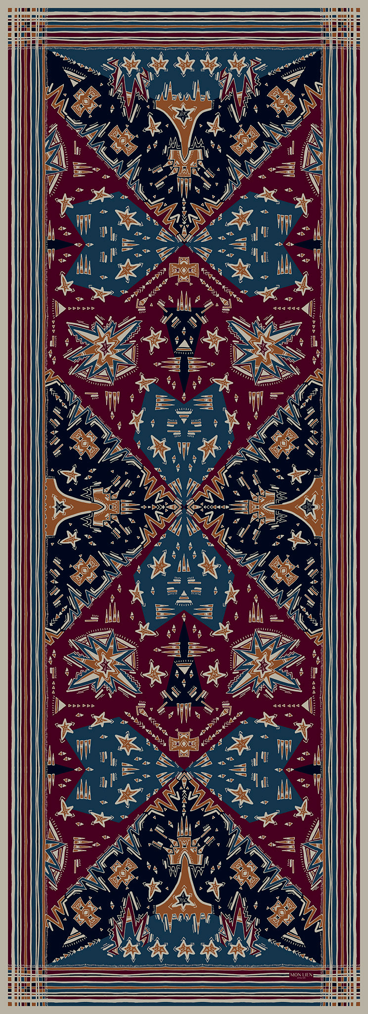 lunga stola aperta con motivi stelle e elementi grafici colori bordeaux blu avorio ocra un accessorio must-have