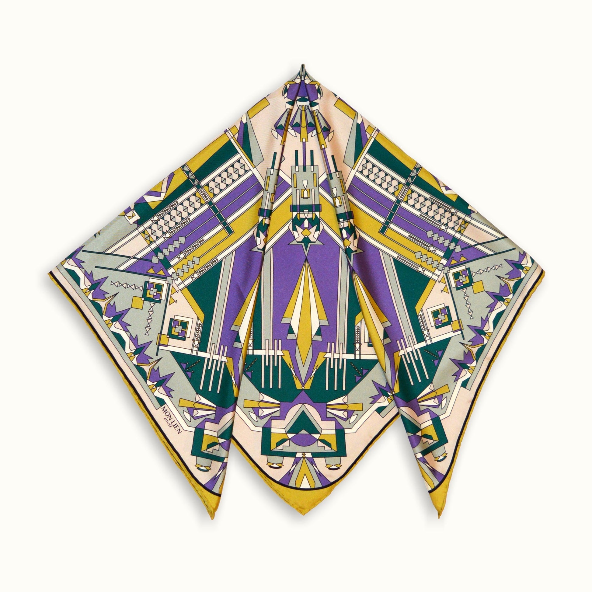 foulard carré in seta piegato con tre lati visibili grafiche intriguanti colore principale viola verde