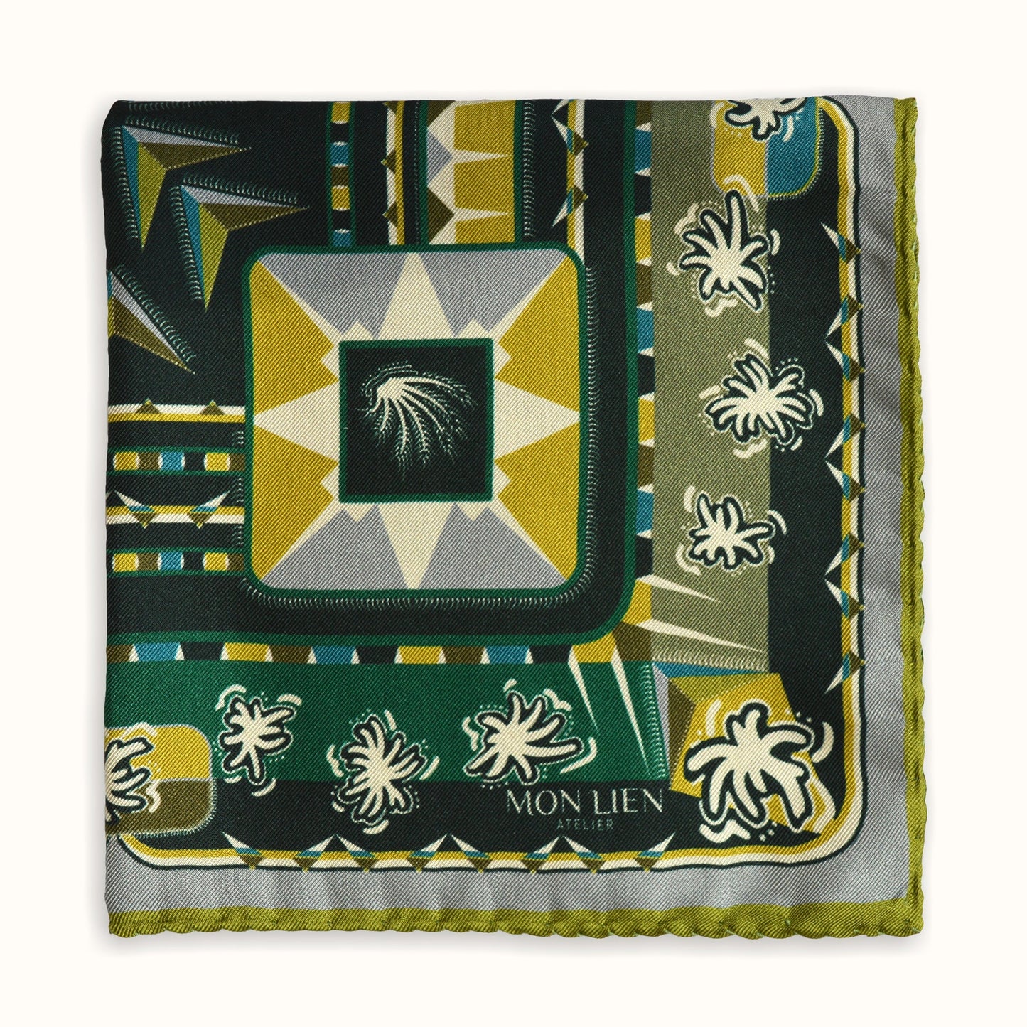 lussuosa pochette in seta piegata in quattro con disegno originale di tonalità verdi