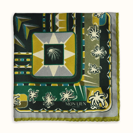 lussuosa pochette in seta piegata in quattro con disegno originale di tonalità verdi