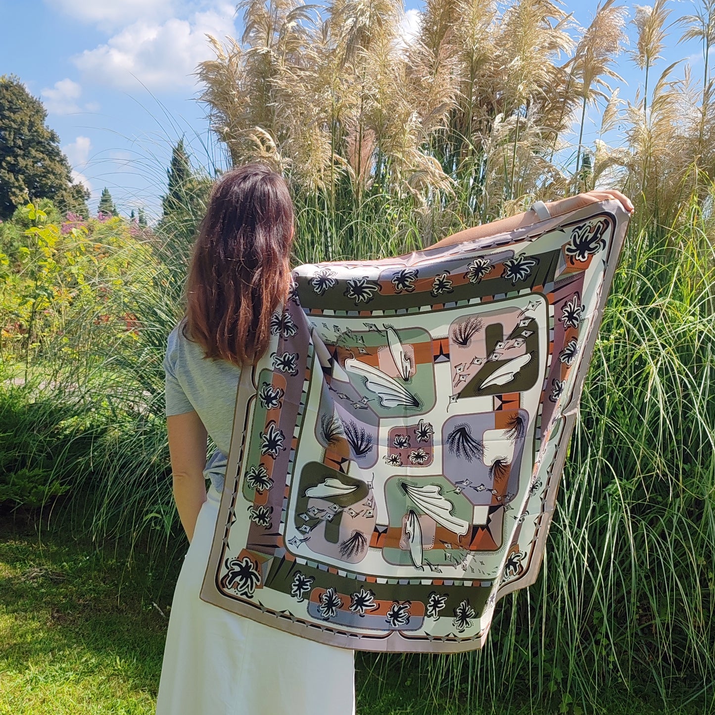 Square silk scarf | The Ecstasy of Flight | ivory and brown