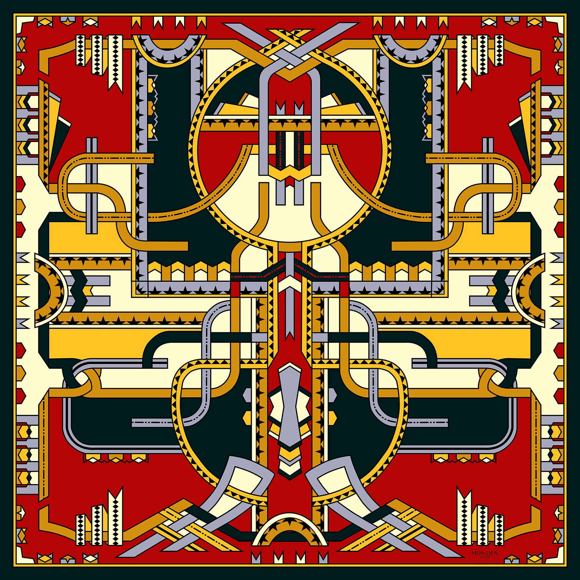 foulard carré aperto vista intera con disegno di nastri intrecciati dai colori rosso e oro