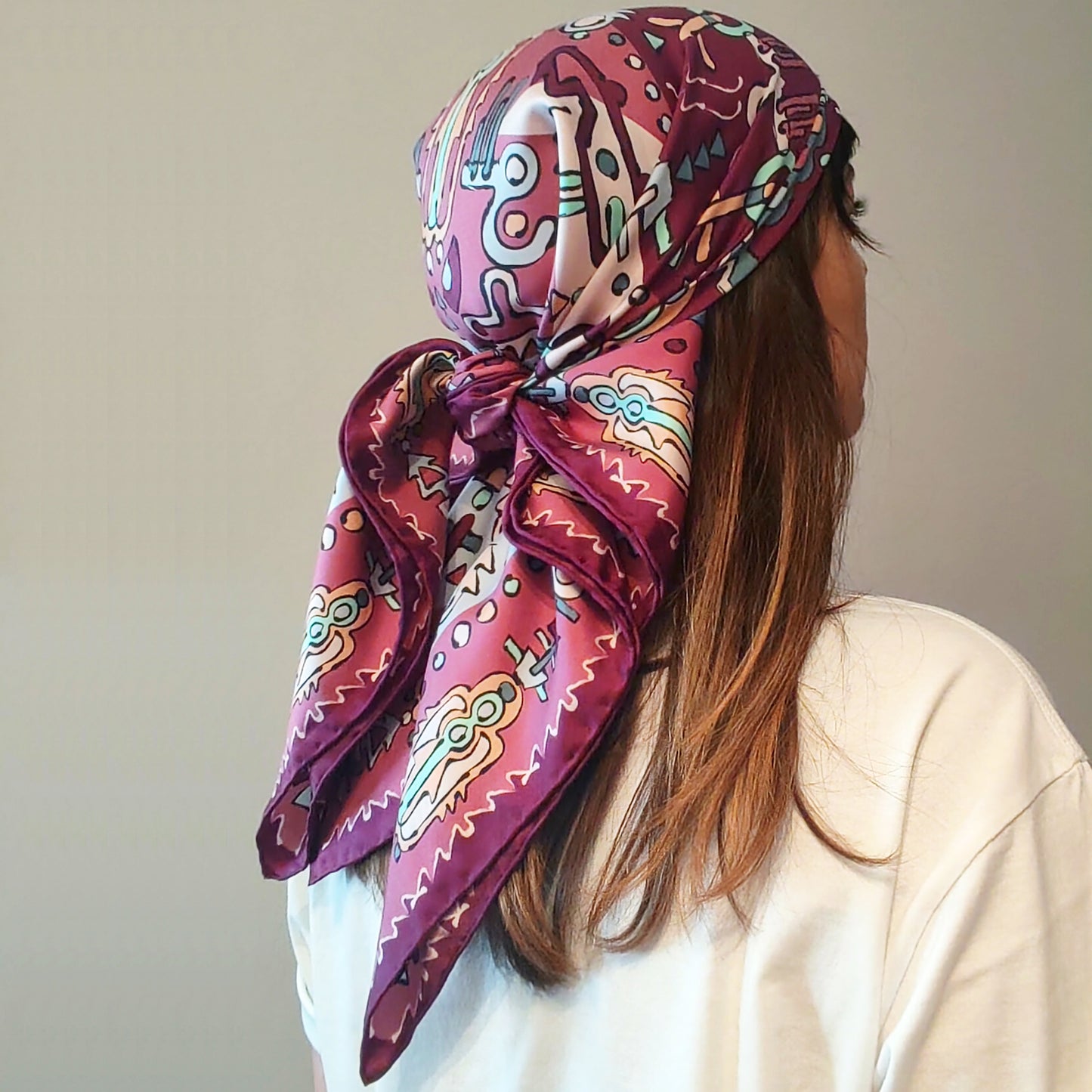 Silk square scarf | The totem | pink and light blue