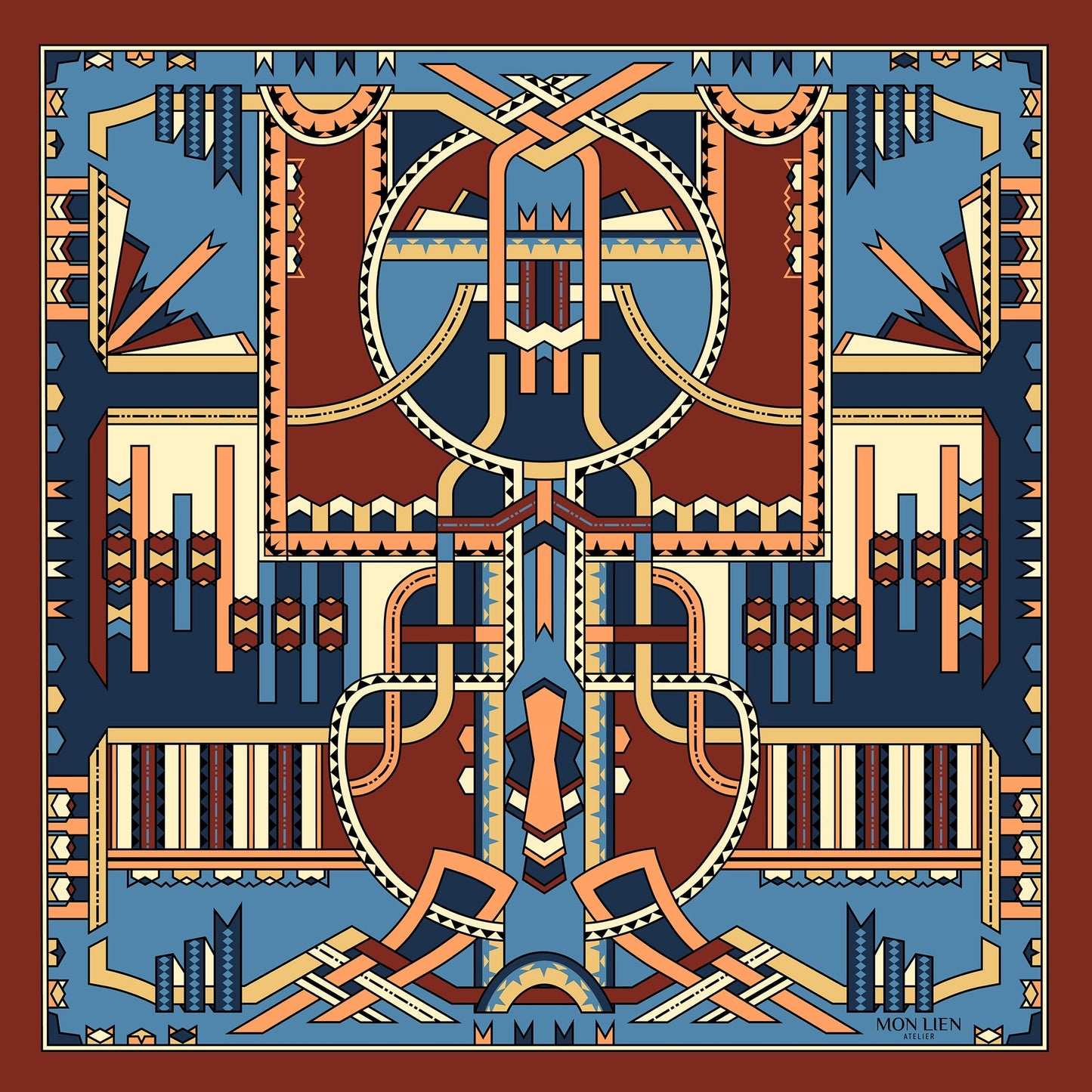 Silk pocket square | The dancing ribbons | blue and terracotta