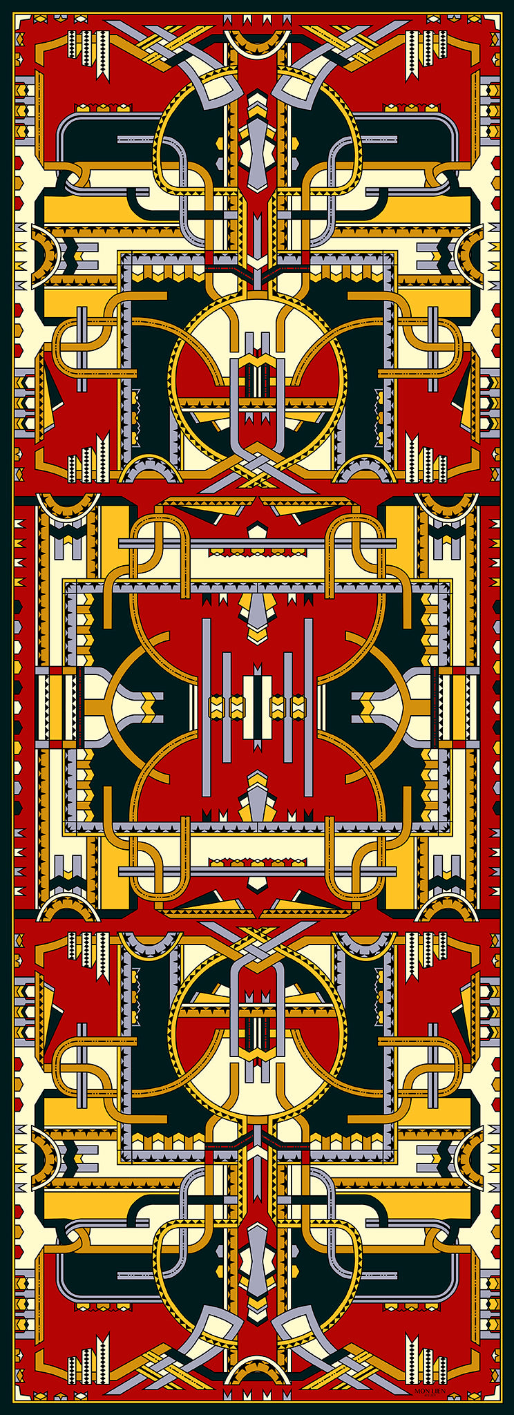 stola lunga rettangolare vista intera con disegno nastri intrecciati colore rosso e oro