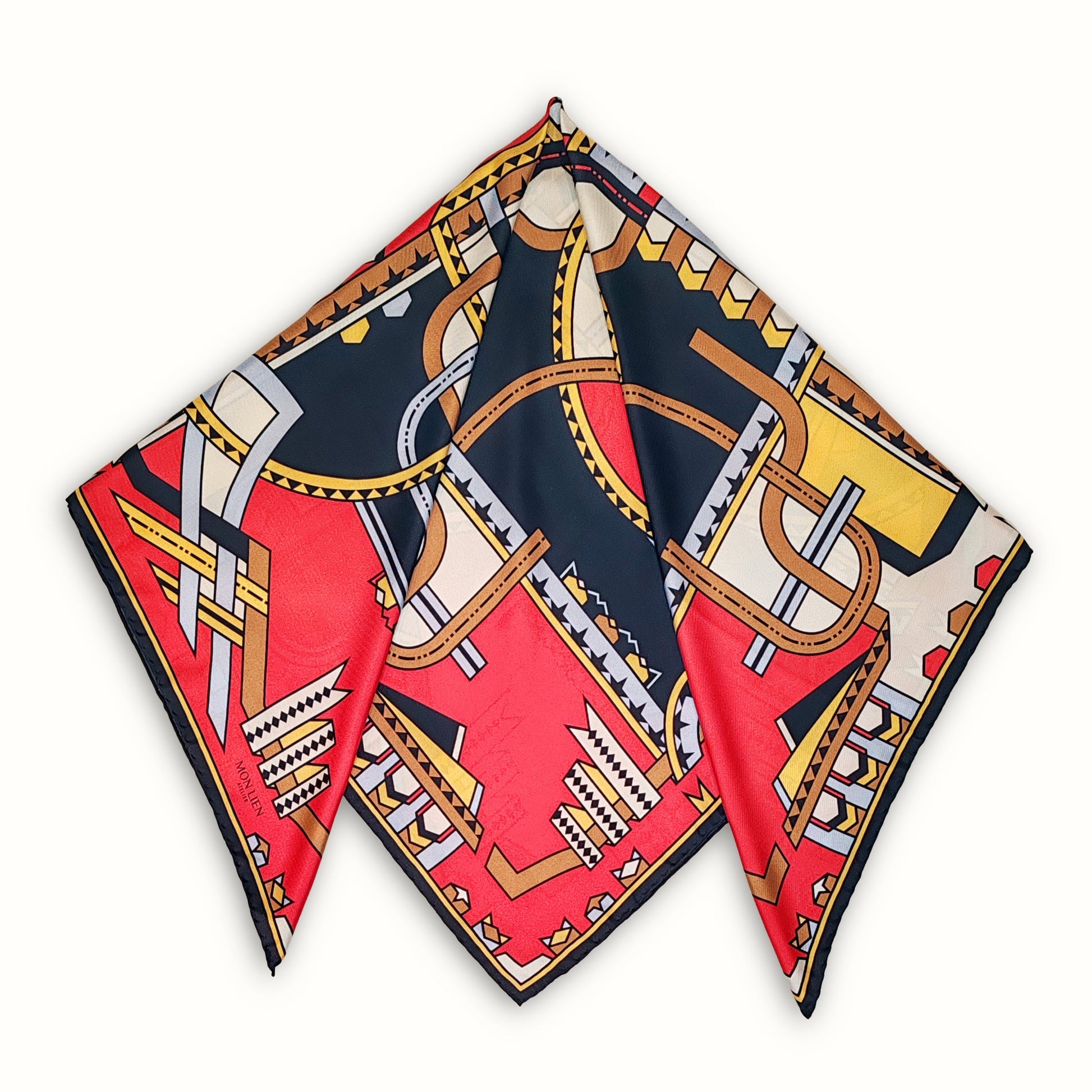 foulard in fantasia di seta con punte piegate rosso oro nero