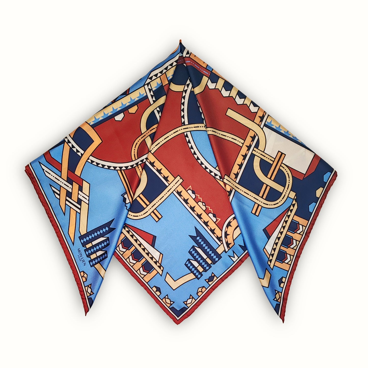 Square silk scarf | The dancing ribbons | blue and terracotta