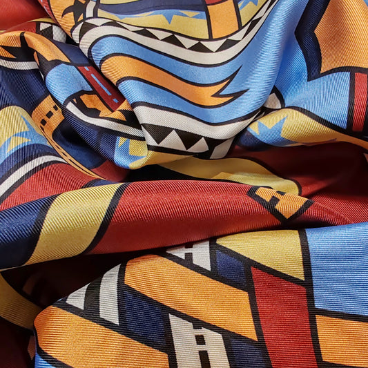 Square silk scarf | The dancing ribbons | blue and terracotta