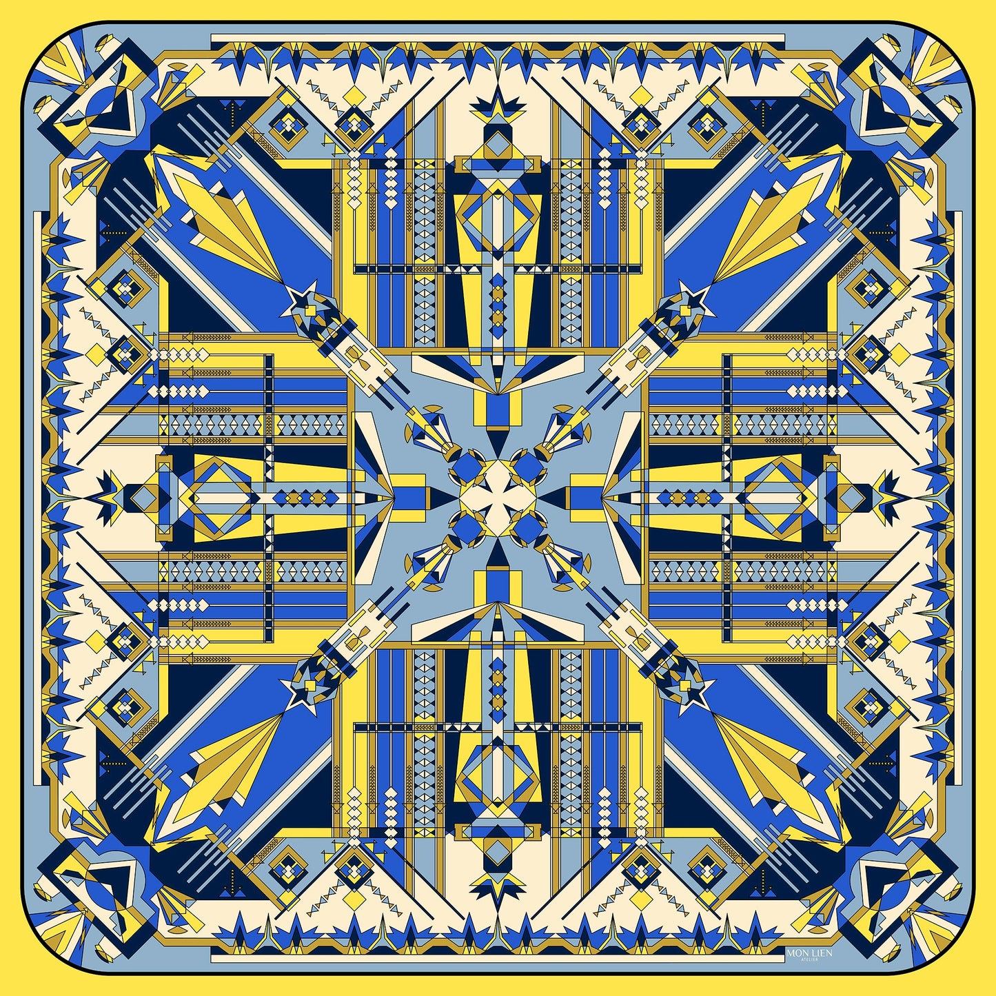 foulard carré aperto vista intera con misterioso disegno dalle linee geometriche tinte giallo avorio blu