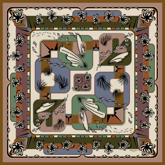 foulard dimensione versatile aperto in seta con stampa fiori, ali, geometrie di colore terra, avorio, verde, azzurro e nero