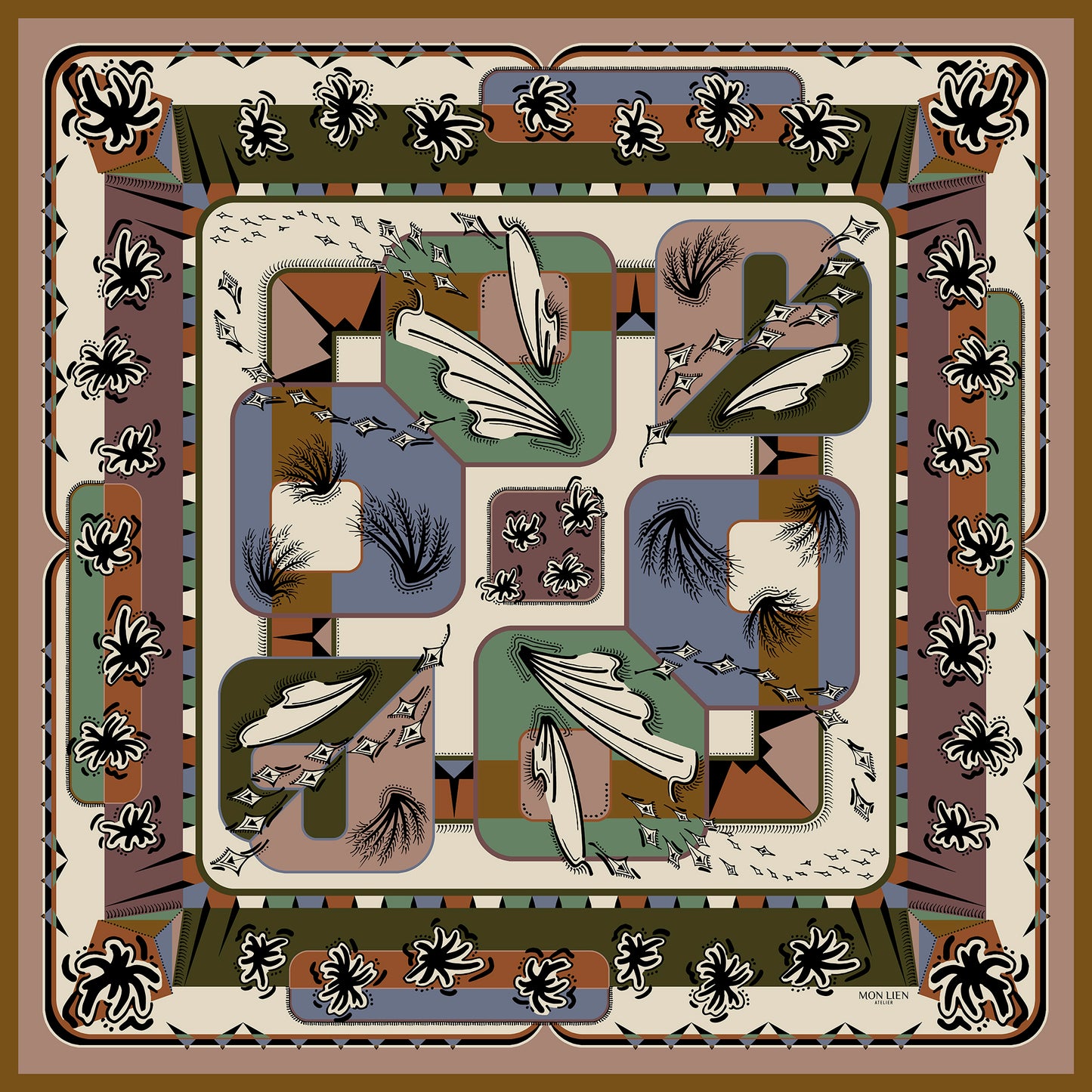 foulard dimensione versatile aperto in seta con stampa fiori, ali, geometrie di colore terra, avorio, verde, azzurro e nero