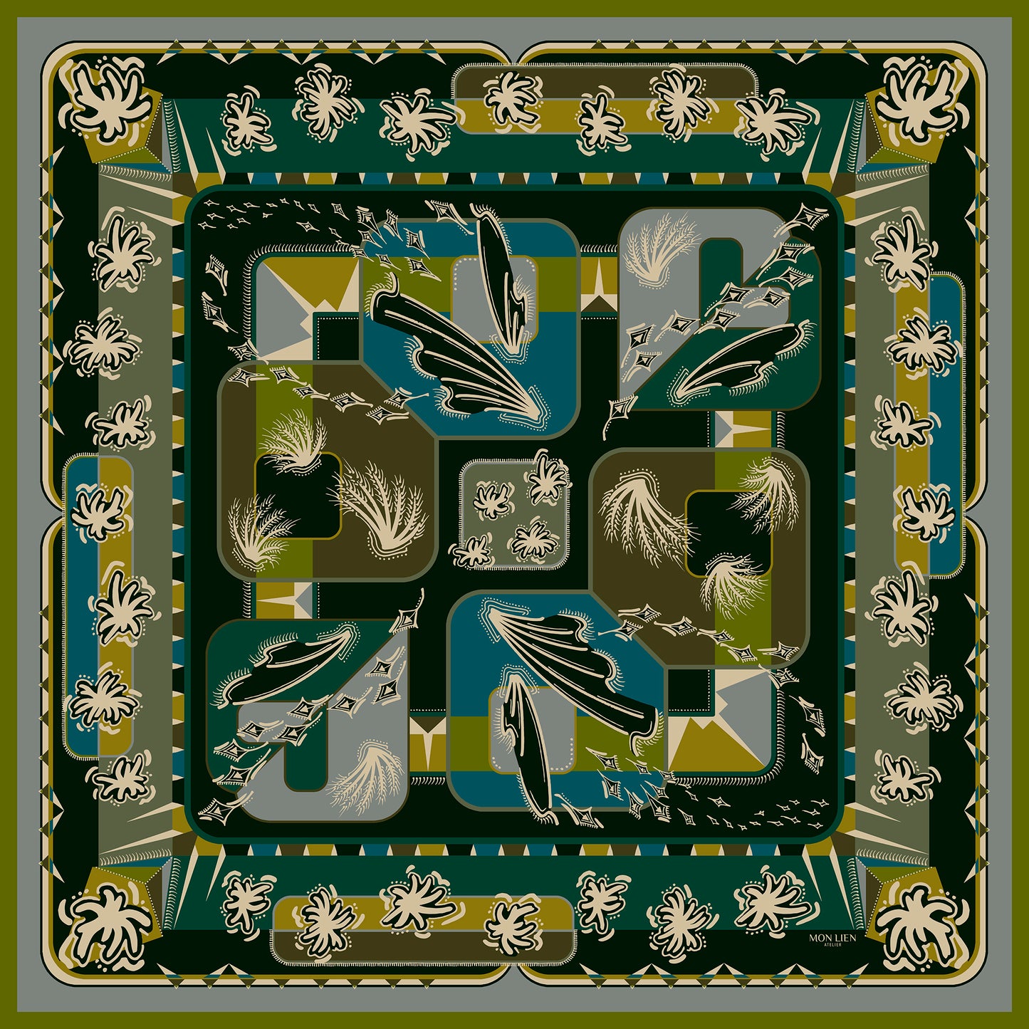 foulard carré in twill di seta vista intera con stampa fiori, ali, geometrie di colore terra, avorio, verde, ocra, ottanio