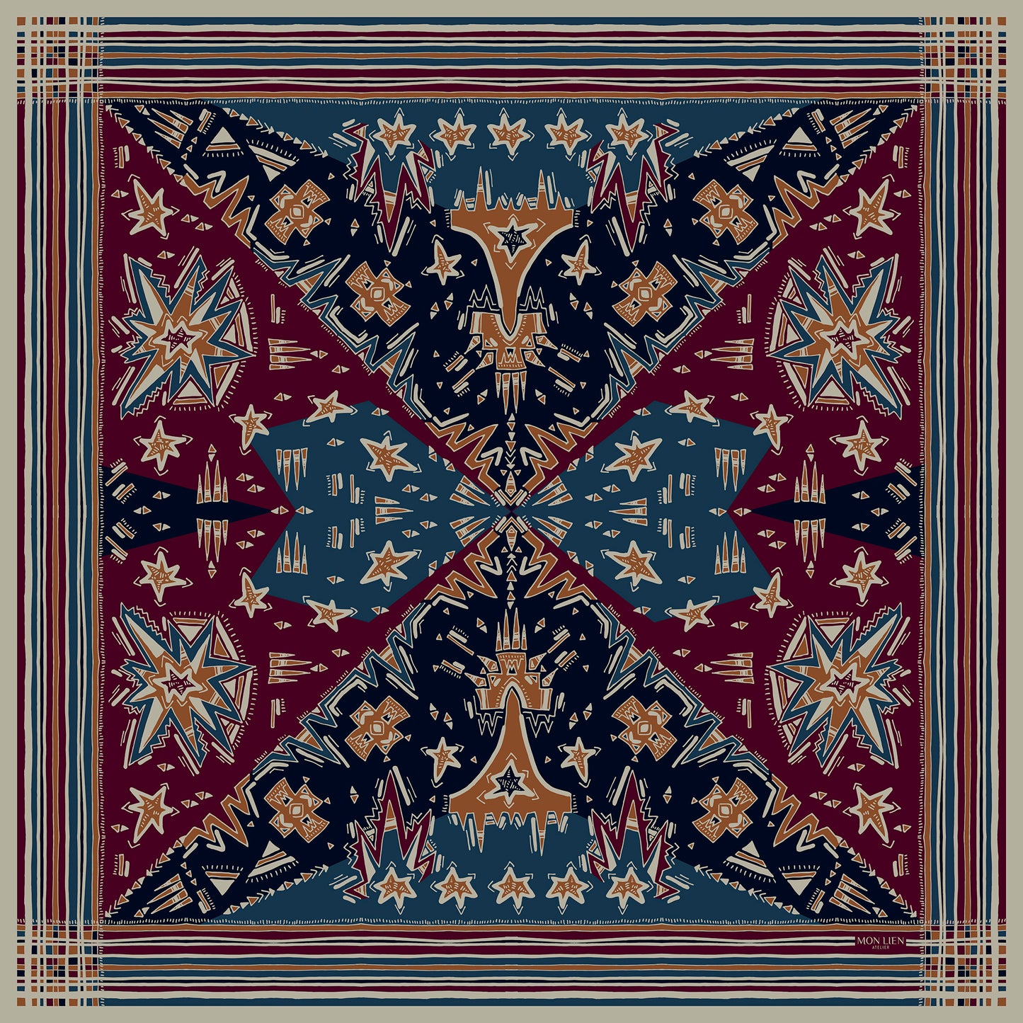 foulard chic quadrato in seta vista intera con motivi in composizione e bordo a righe palette bordeaux e blu