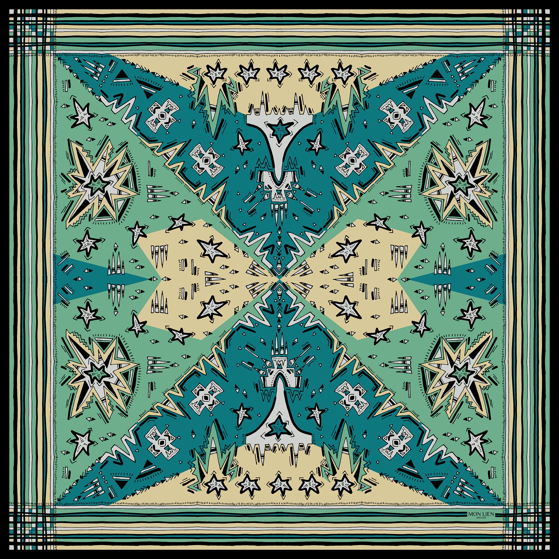 foulard carré in seta vista intera con disegno grafico di stelle e motivi con bordo a righe colore turchese ottanio avorio beige