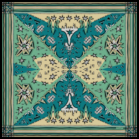 foulard carré in seta vista intera con disegno grafico di stelle e motivi con bordo a righe colore turchese ottanio avorio beige