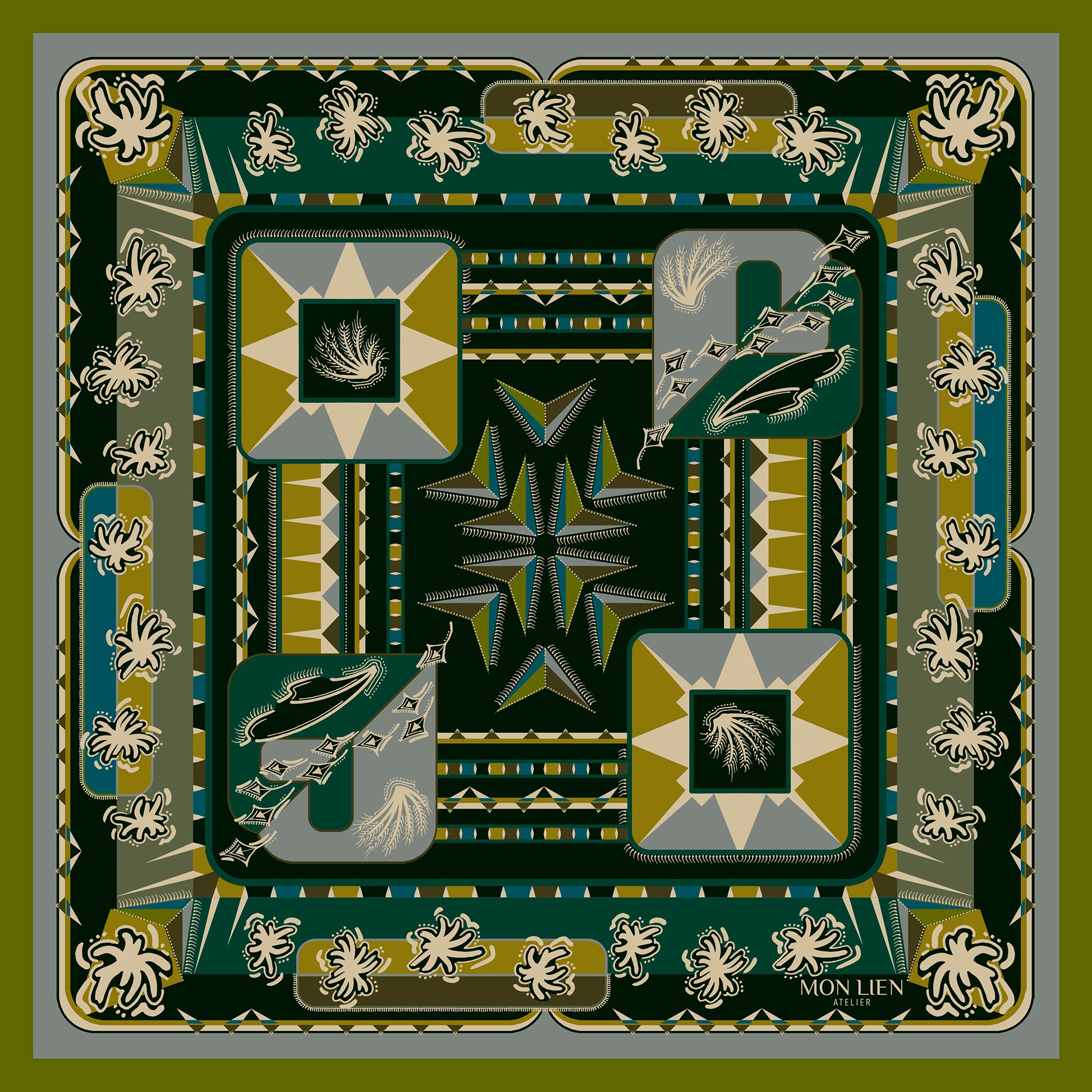 pochette in twill di seta vista intera con stampa di piante e geometrie di colore terra avorio verde ocra ottanio